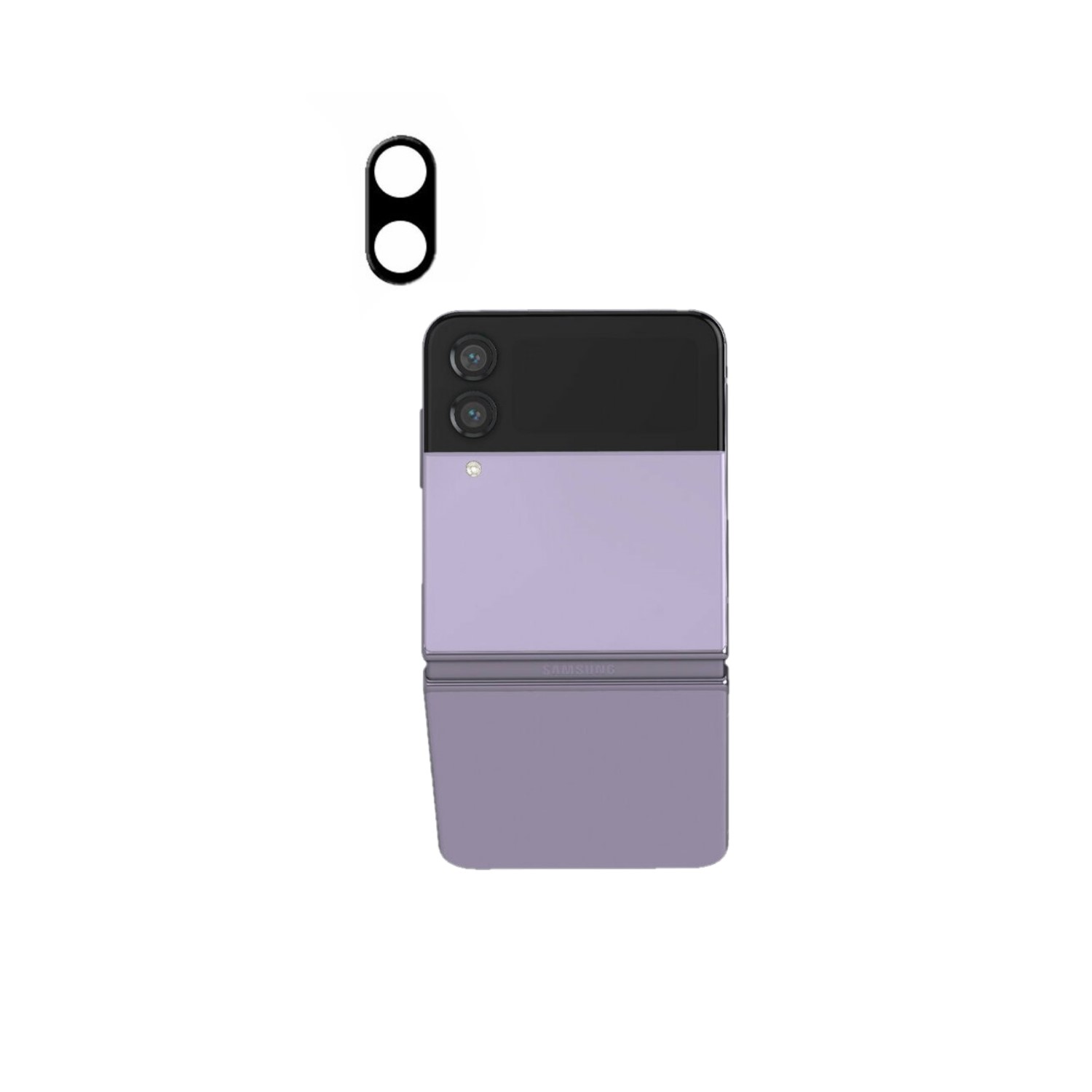 Ein gefaltetes lila Telefon mit zwei Kameras. Ein Linsenschutz schwebt darüber.