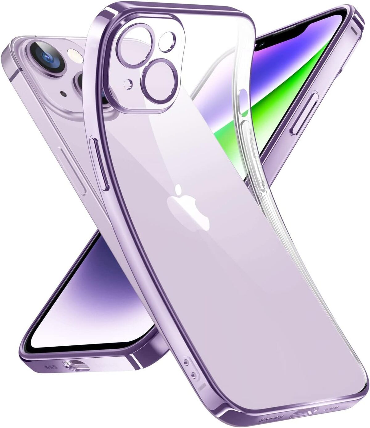 Zwei iPhones mit transparentem Case. Ein Telefon hinter dem anderen, Case transparent mit lila Rand.