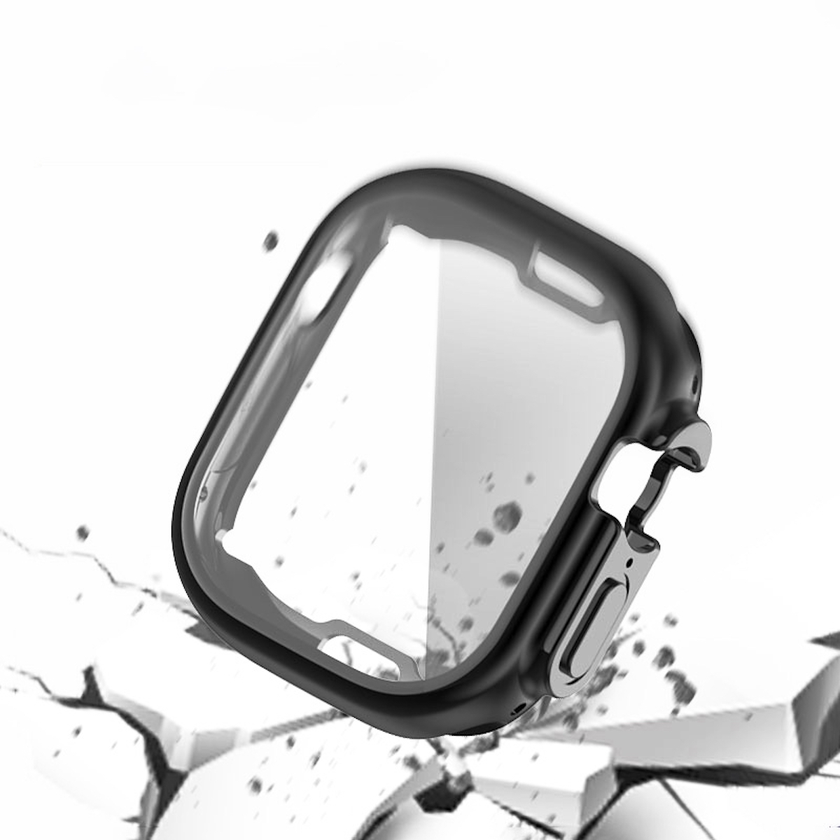 Eine schwarze Apple Watch Hülle schwebt in der Luft. Zerbrochene weiße Oberfläche darunter, weißer Hintergrund.