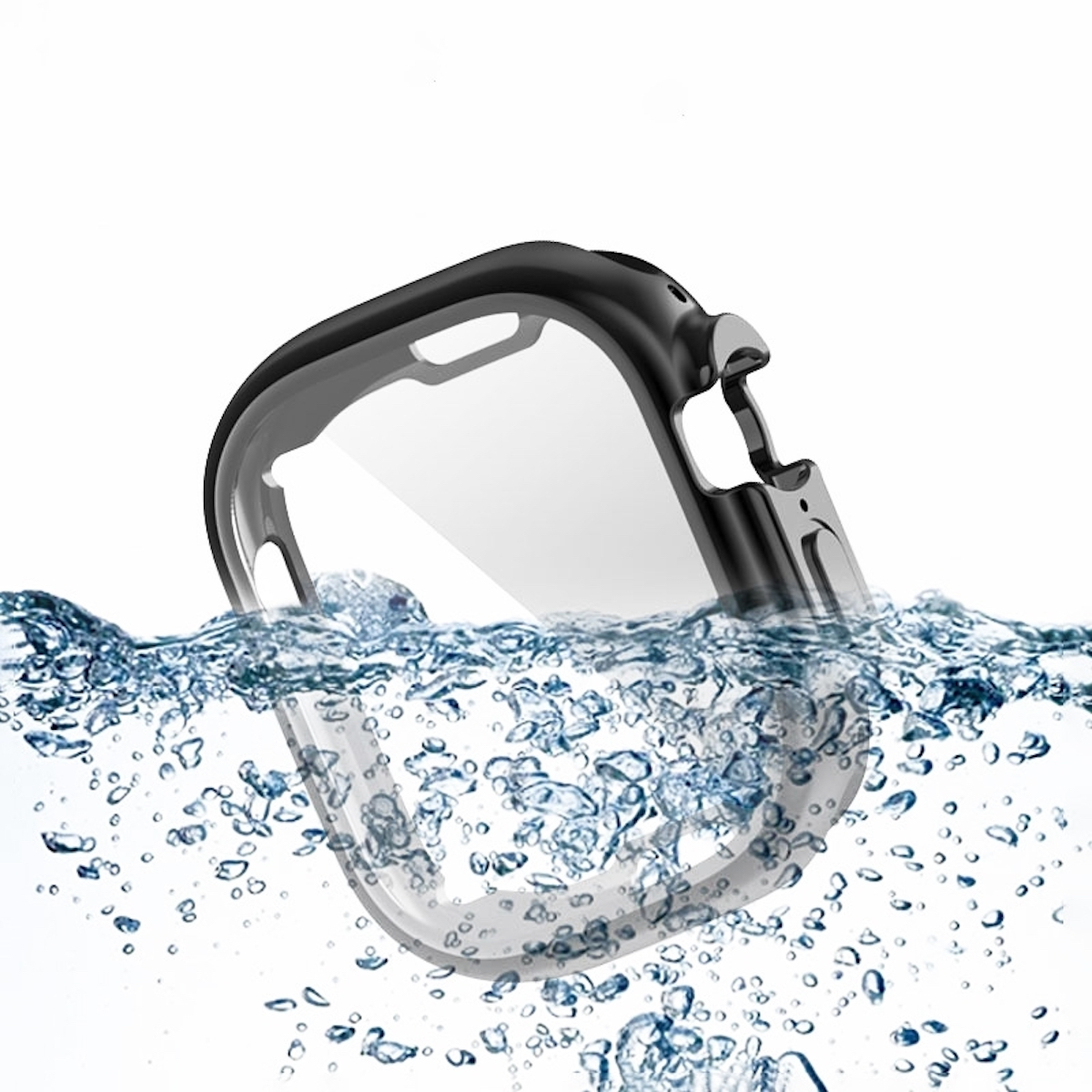 Schwarze und transparente Handyhülle unter Wasser mit Blasen.