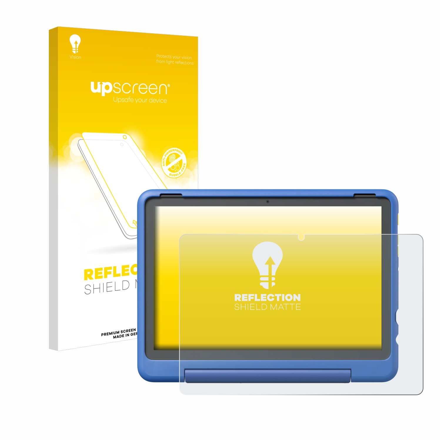 Ein blaues Tablet mit Displayschutz und Verpackung.