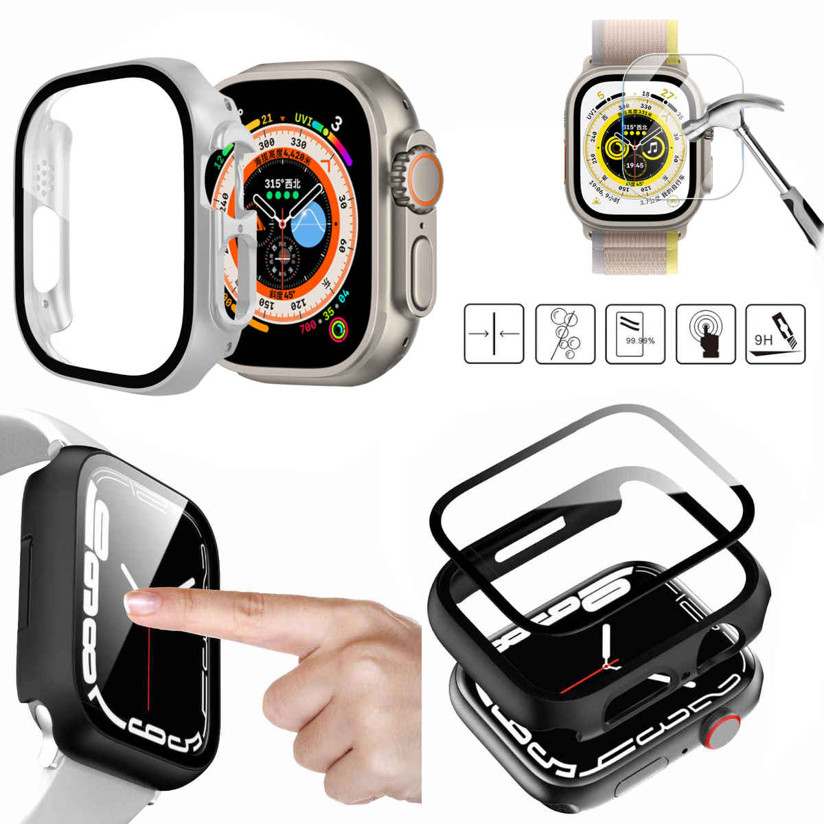 WIGENTO 2 Apple Grad Panzer Folie Glas Watch + 49mm) 360 Hülle in 1 + 2 Smartwatchhülle(für H9 Hart 1 Ultra