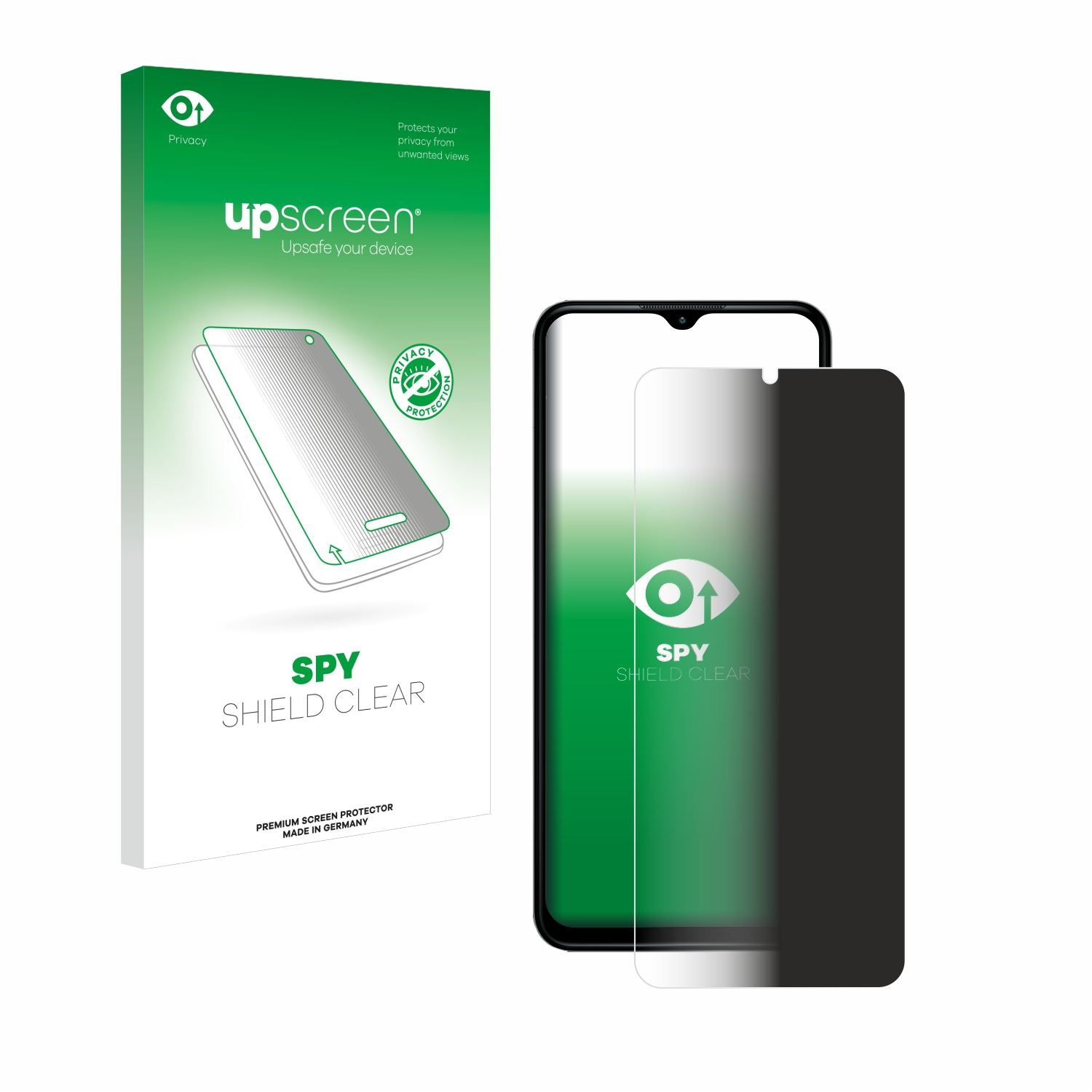 Smartphone mit Displayschutz und Box. Schwarzer Bildschirm. Weißer Hintergrund.