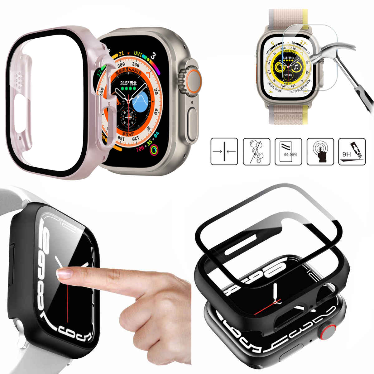 Apple Watch mit Schutzhülle. Mehrere Ansichten der Uhr mit angebrachten Displayschutzfolien.