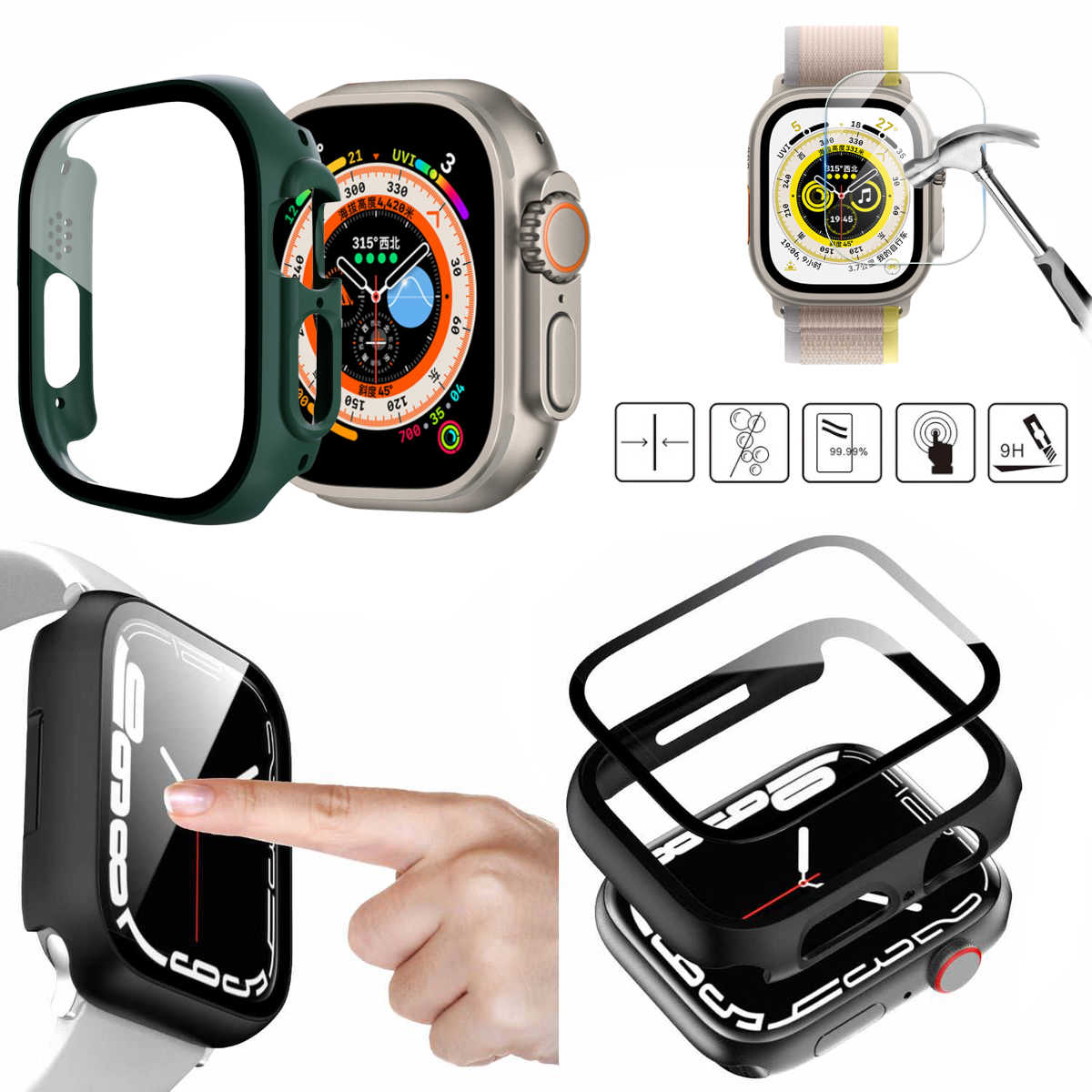 H9 Hülle + Apple Grad 360 Folie 49mm) 2 1 1 WIGENTO Panzer Ultra in Glas Watch 2 Smartwatchhülle(für Hart +