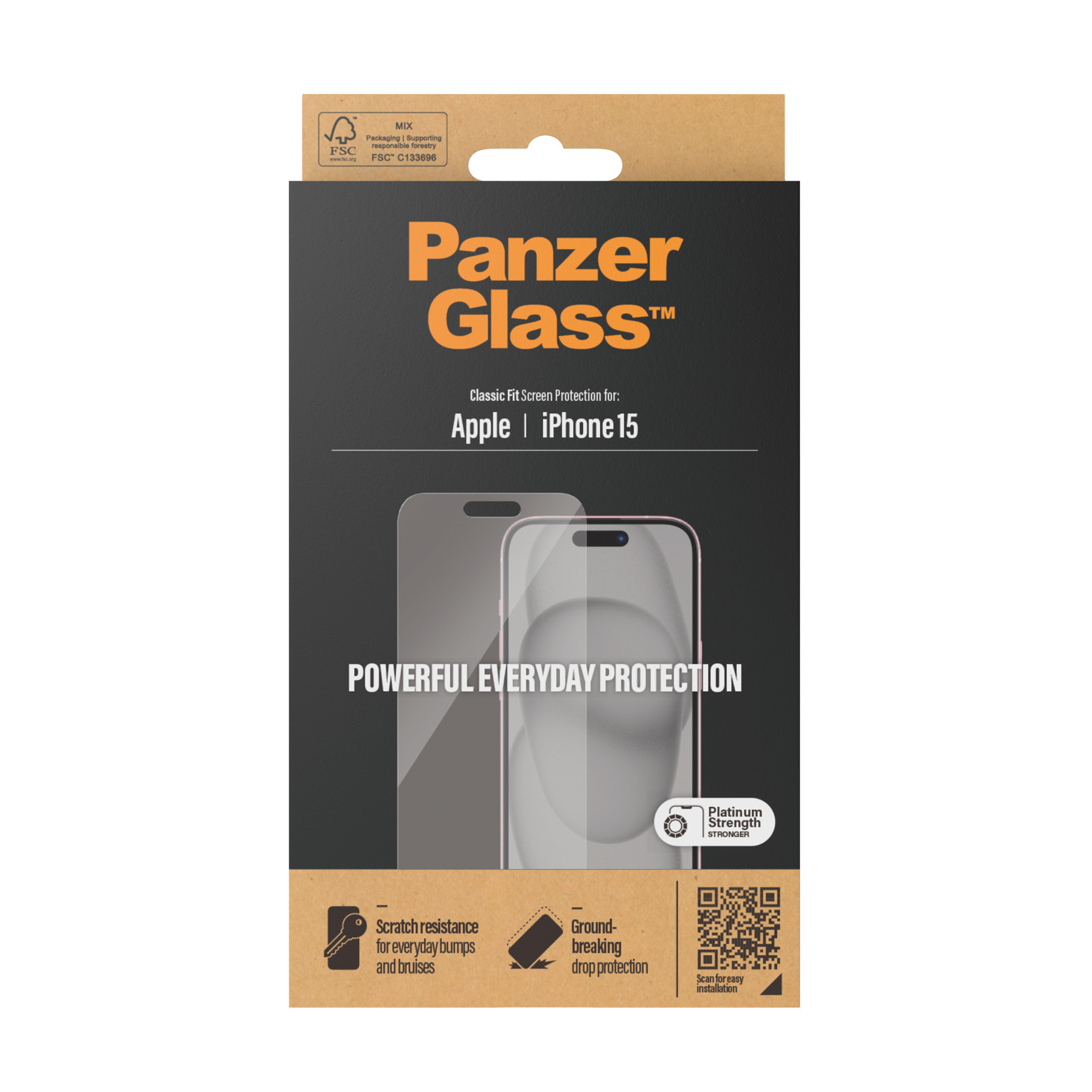 Box for a screen protector for an iPhone, with the protector visible through a window.