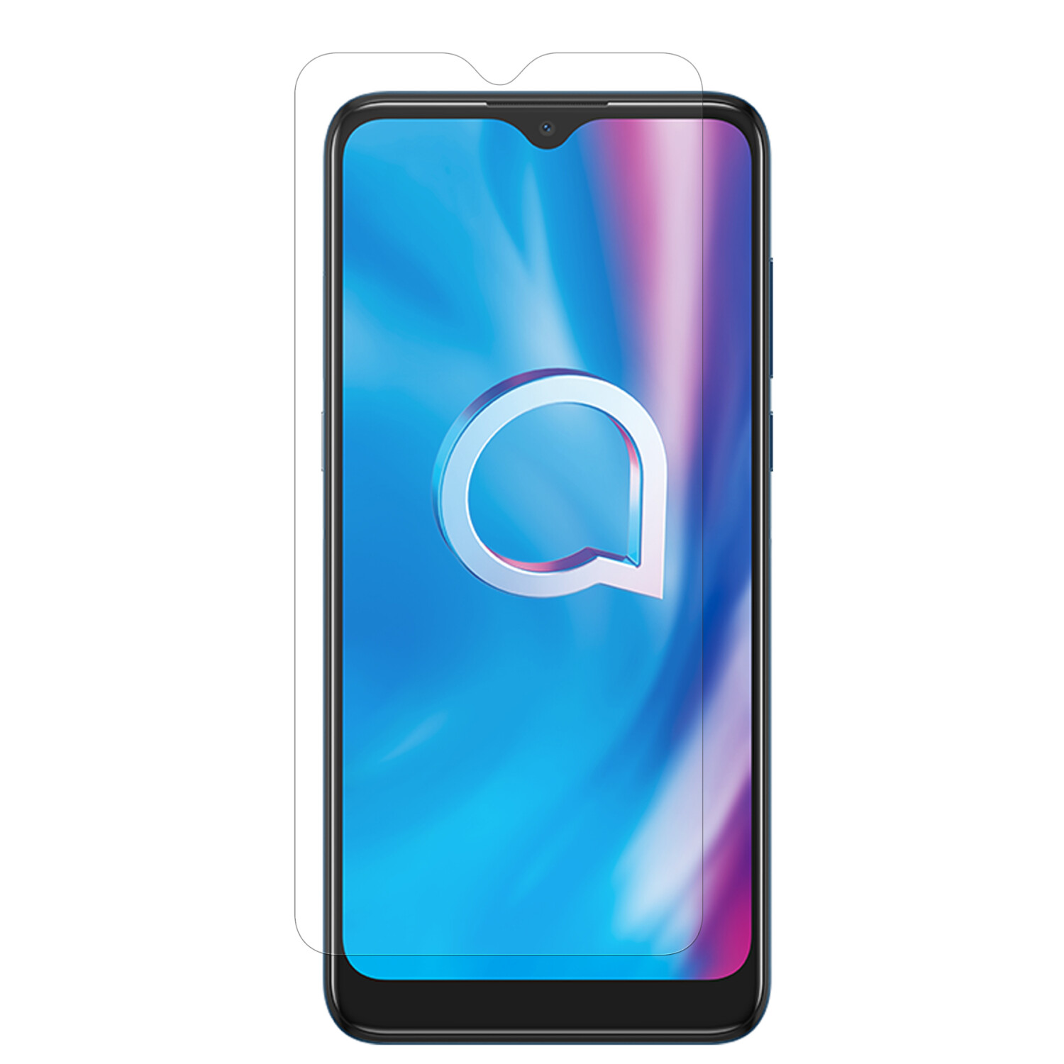 Smartphone mit angebrachtem Displayschutz, zeigt die Vorderansicht des Telefons.