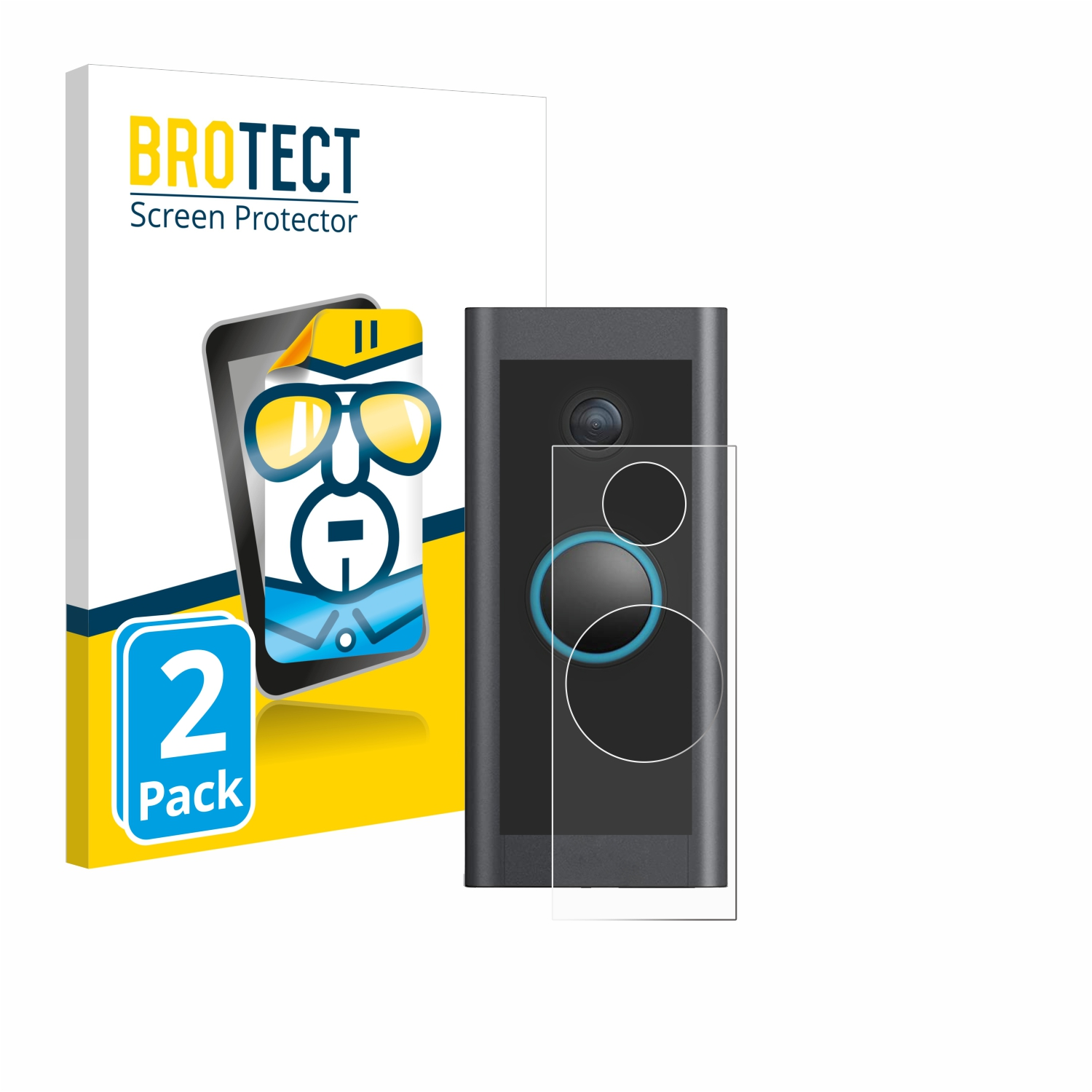 Eine schwarze Türklingelkamera mit Displayschutzfolie und eine Produktbox mit der Aufschrift 'BROTECT Screen Protector'.