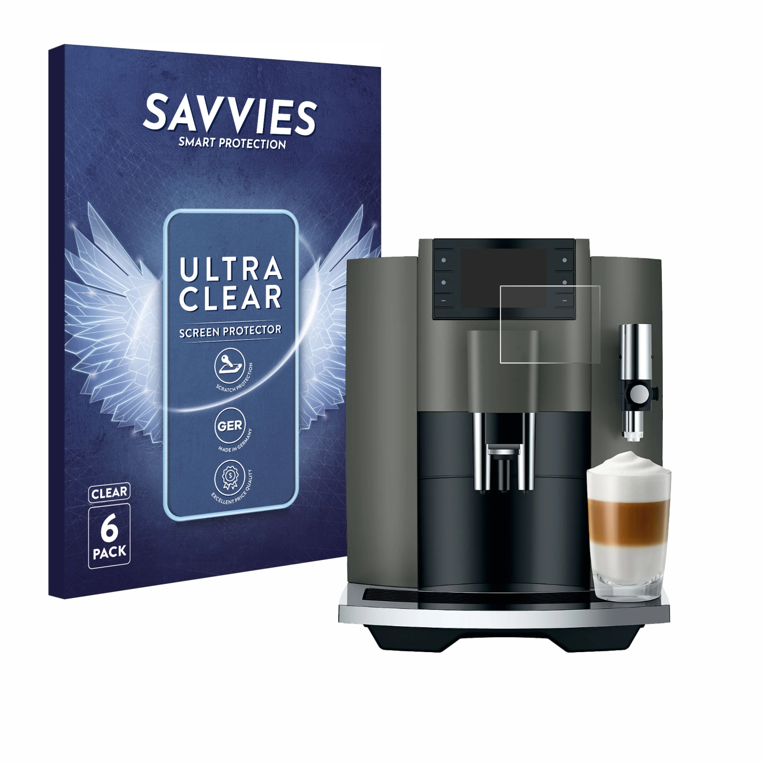 Eine Kaffeemaschine und ein Displayschutz werden gezeigt. Eine Box sagt Savvies Ultra Clear. Die Maschine hat einen Schutz.