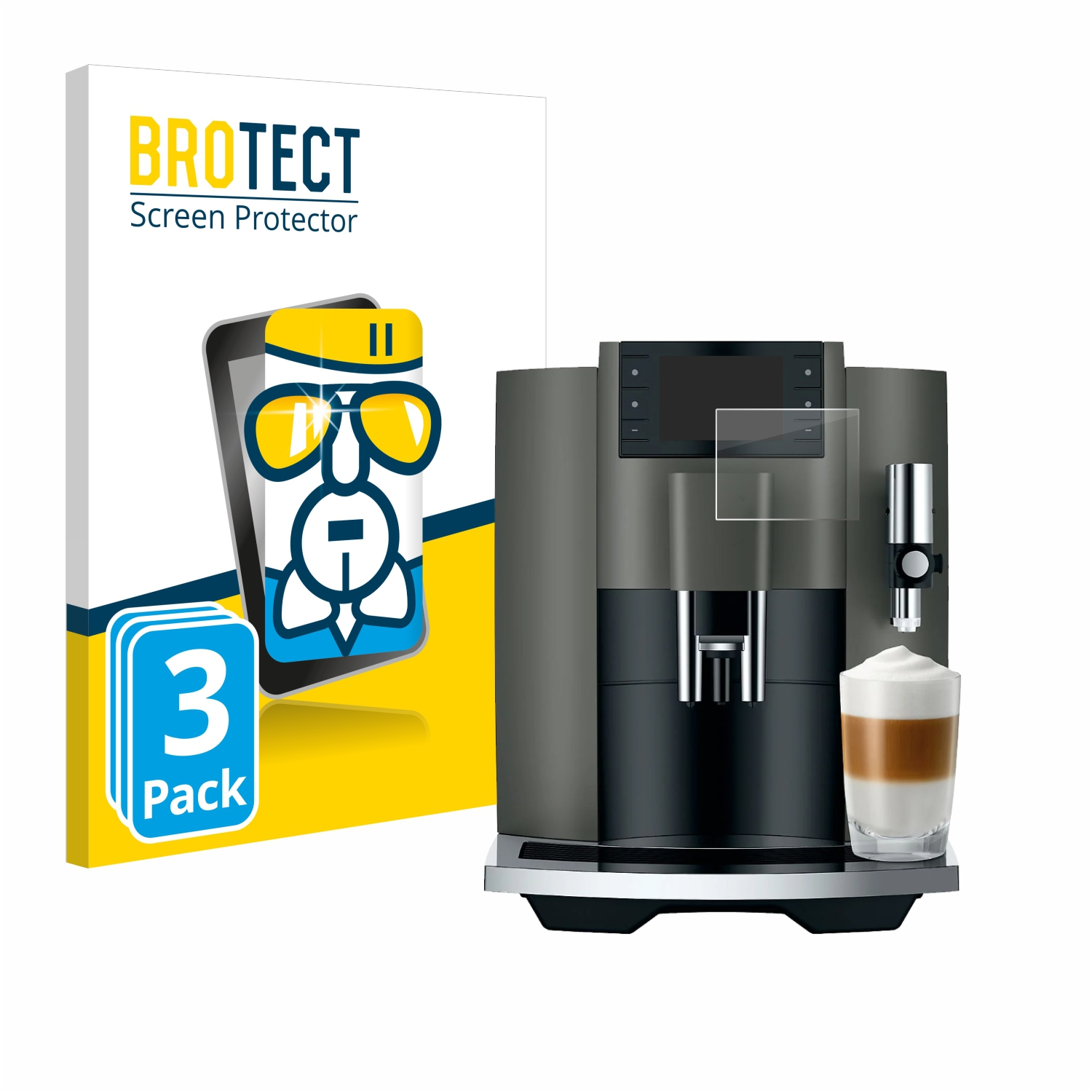 Kaffeemaschine mit Displayschutzfolie. Ein Glas Latte steht daneben, die Box links.