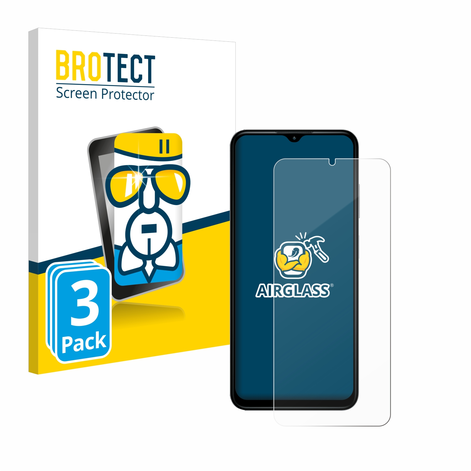 Ein Telefon mit Displayschutz und eine Schachtel mit der Aufschrift 'BROTECT'. Das Telefon hat einen Displayschutz.