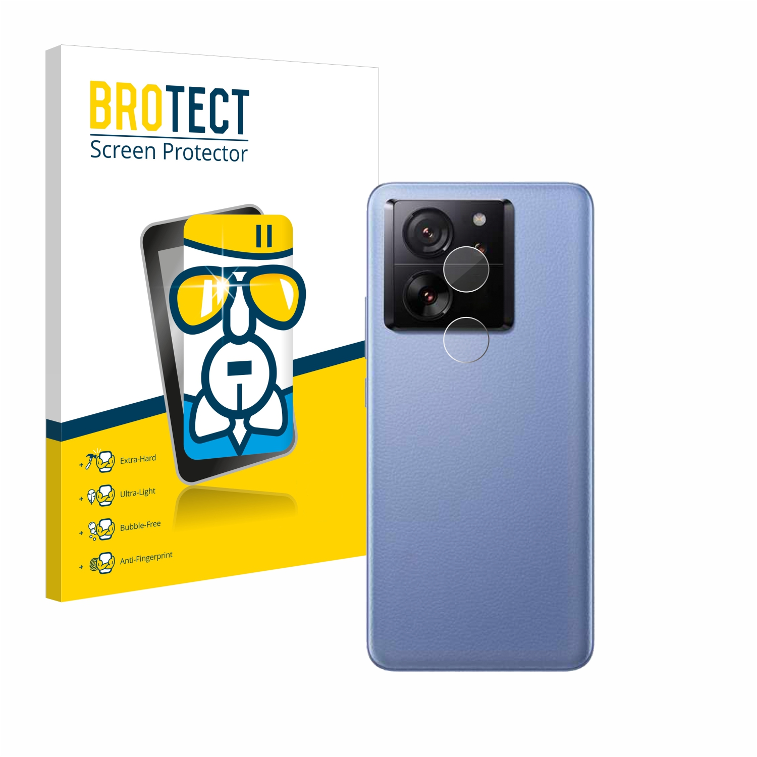 Handy-Displayschutz mit Handy und Verpackung auf Weiß. Blaues Handy.