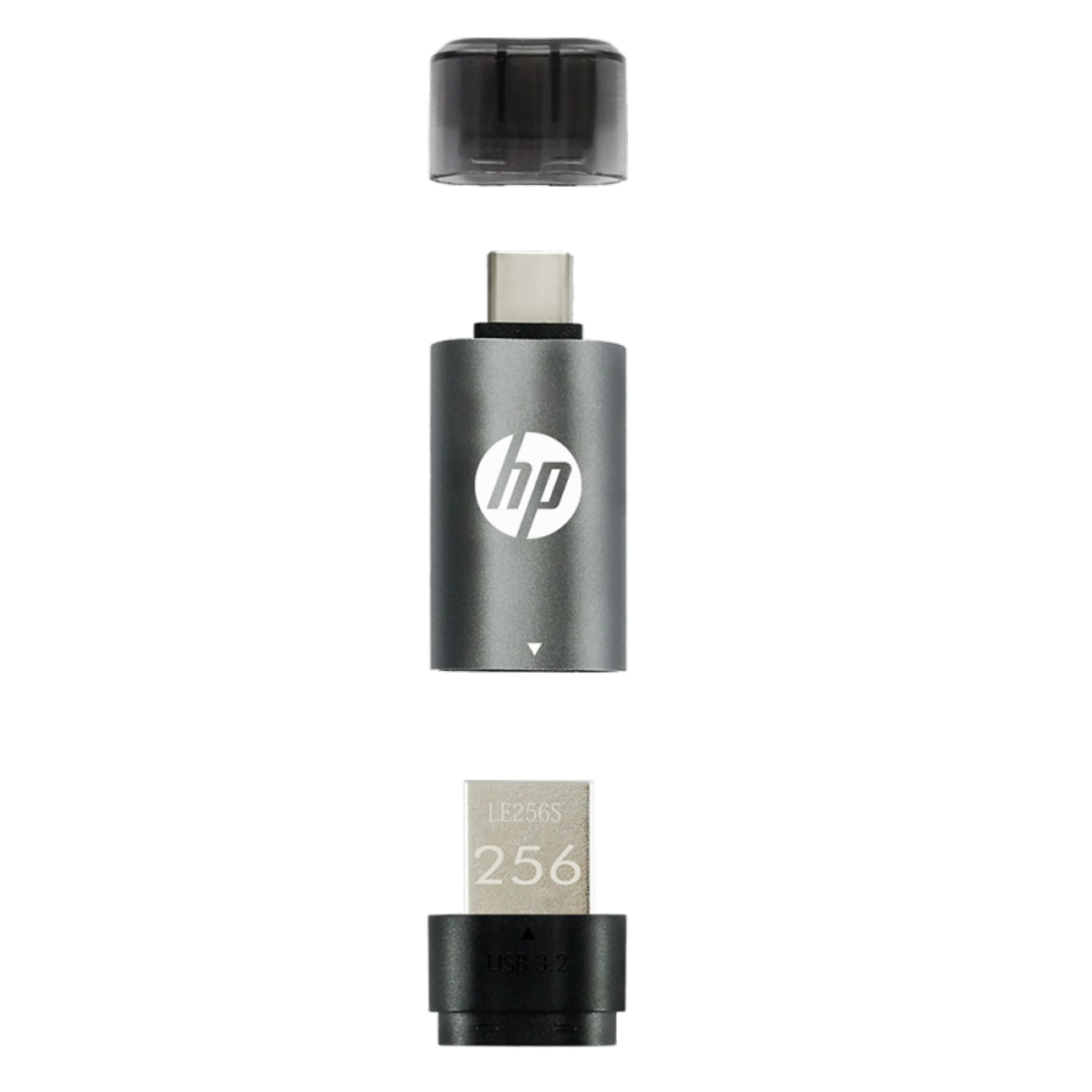 Srebrny pendrive HP ze złączem USB-C. Jest zdemontowany. Logo jest widoczne.