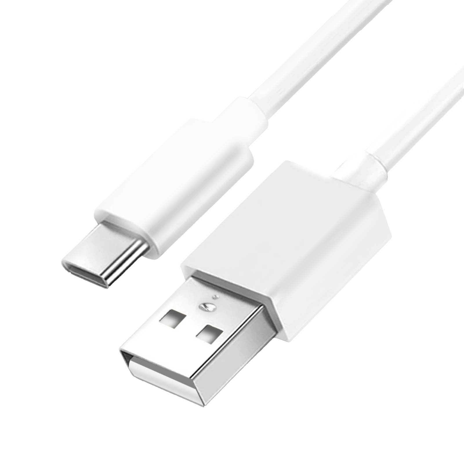 Un cable blanco de USB a USB-C, con el extremo USB-C cerca del espectador.