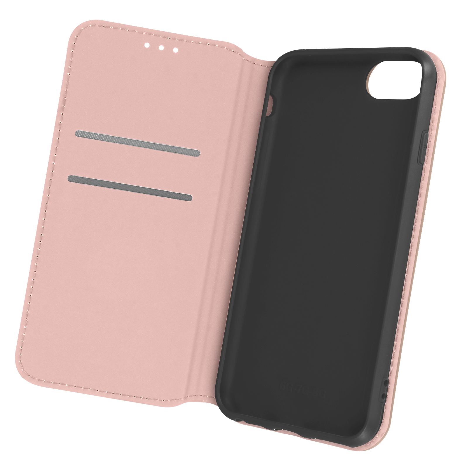 Étui de téléphone rose ouvert, intérieur noir, avec fentes pour cartes.