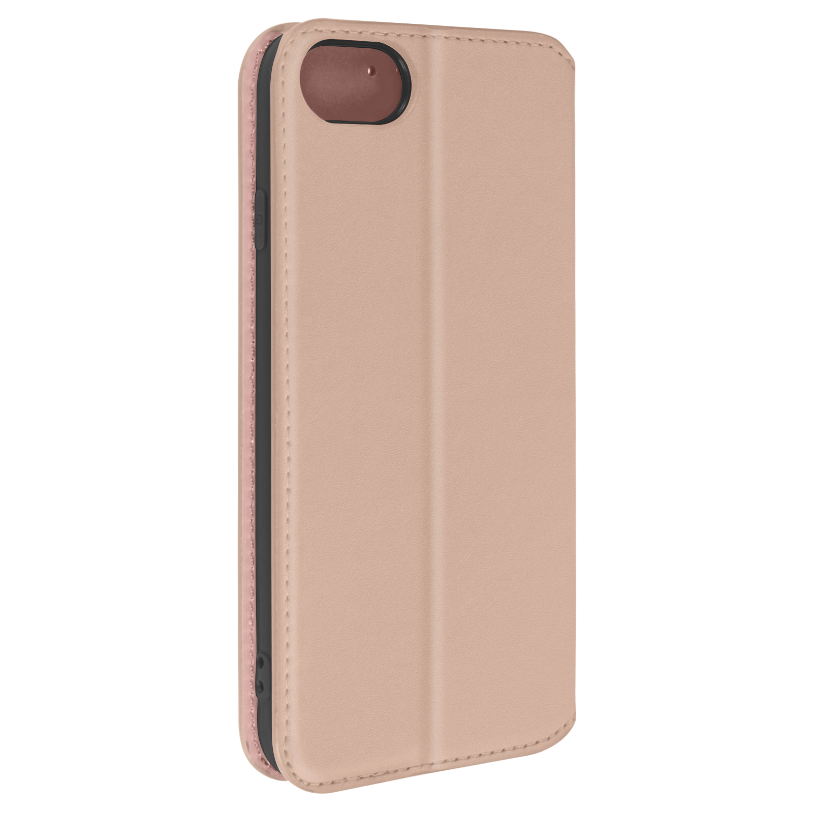 Étui de téléphone rose, fermé, avec un trou pour l'appareil photo et un intérieur rose.