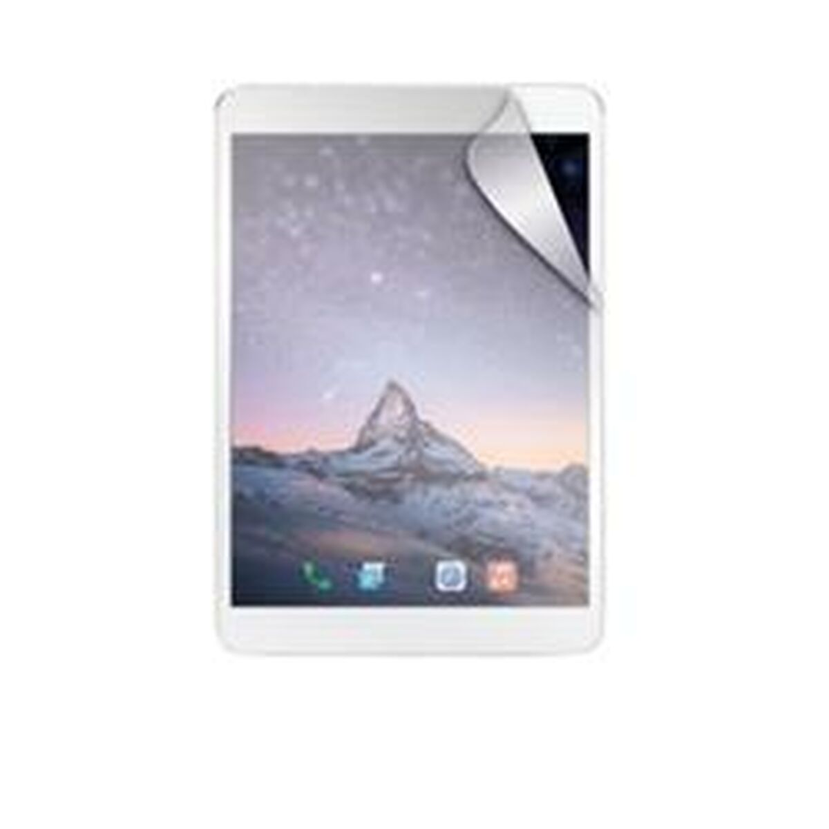 Un tablet bianco con una protezione per lo schermo, che mostra un'immagine del paesaggio, su sfondo bianco.