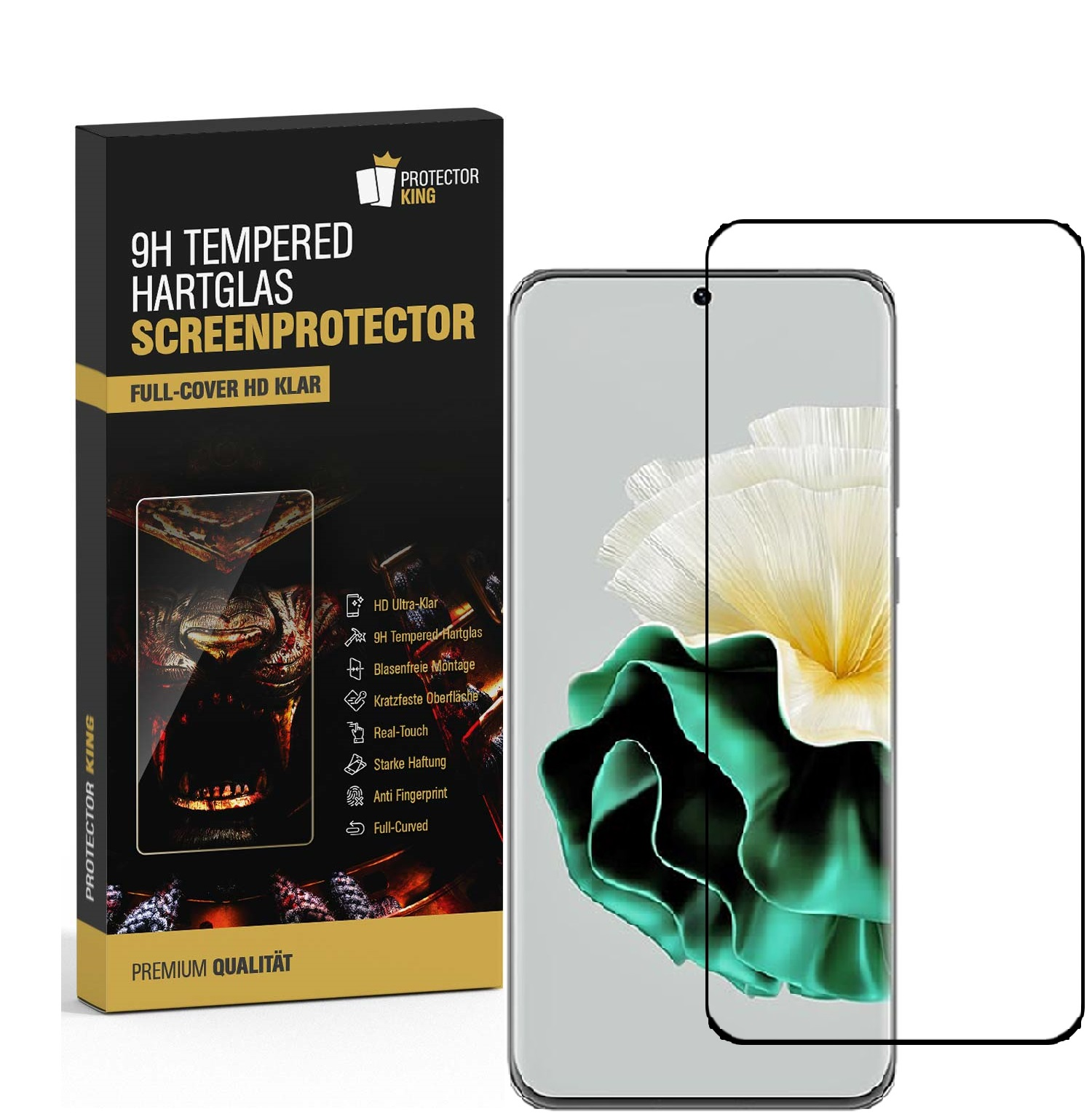 Eine Telefon-Schutzbox und ein Telefon mit Displayschutzfolie. Auf der Box steht '9H Tempered Hartglas'.