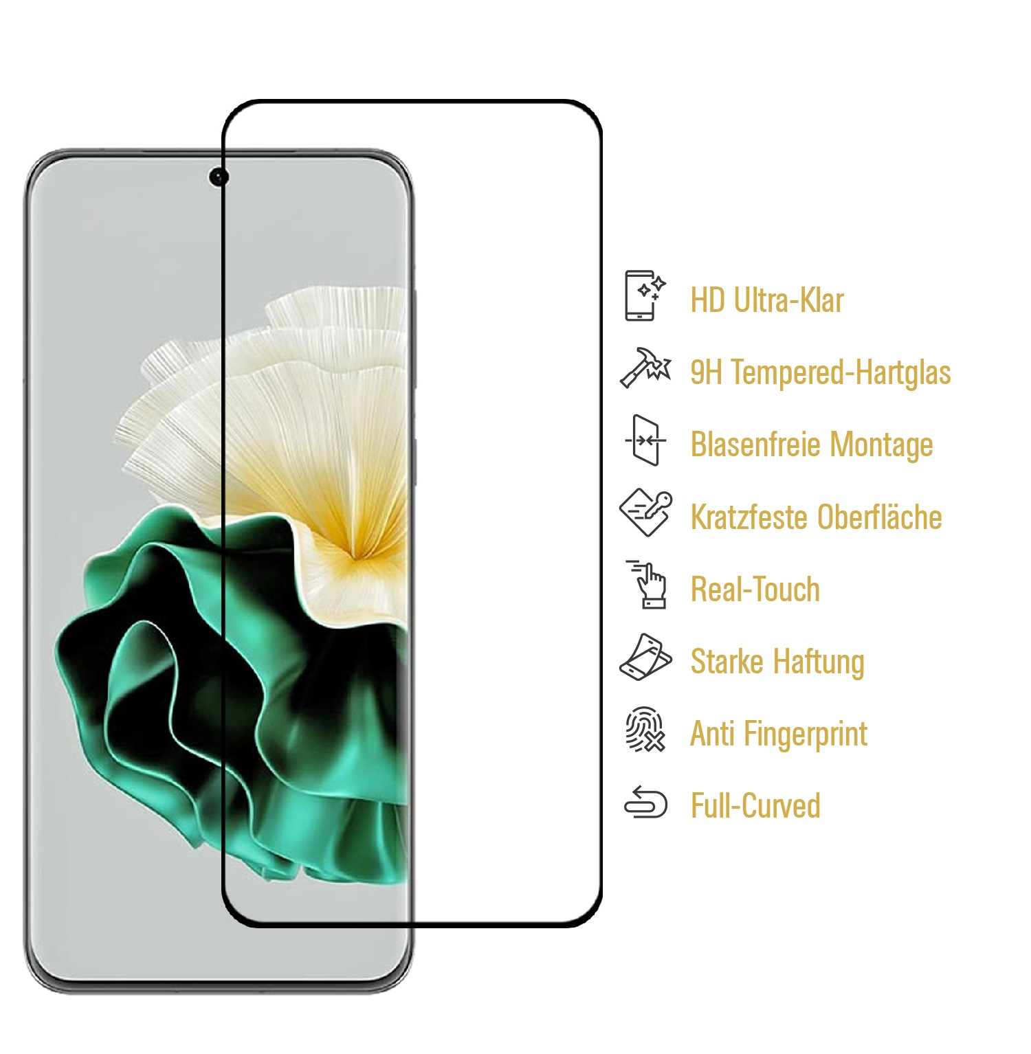 Telefon mit Displayschutzfolie. Merkmale wie HD-Klarheit und starke Haftung.