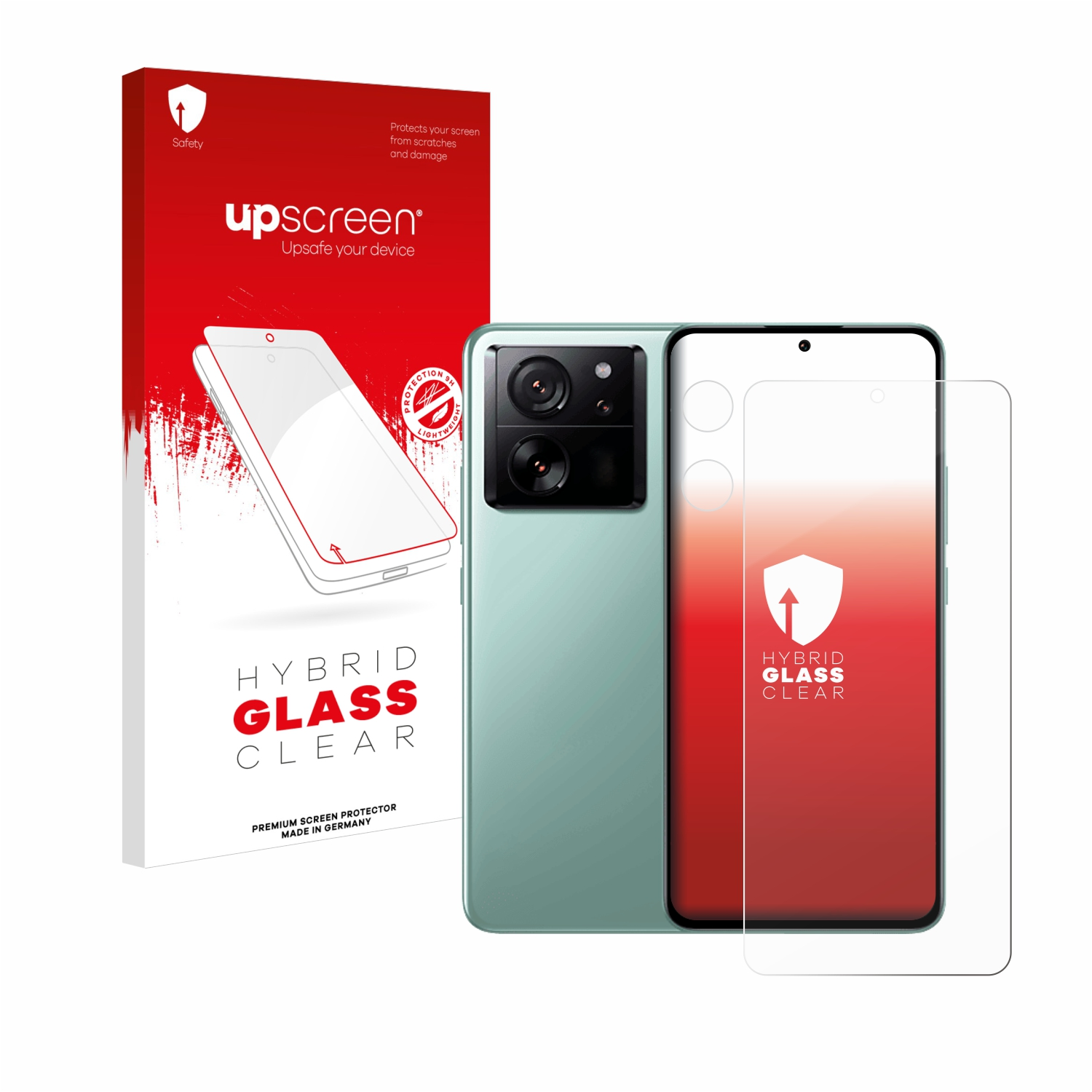 Handy-Displayschutz mit Handy und Verpackung auf Weiß. Hybrid Glass Clear.
