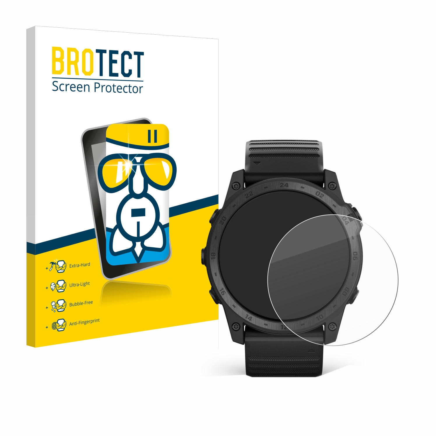 Eine Uhr mit Displayschutz und eine Schachtel mit einem Displayschutzlogo.