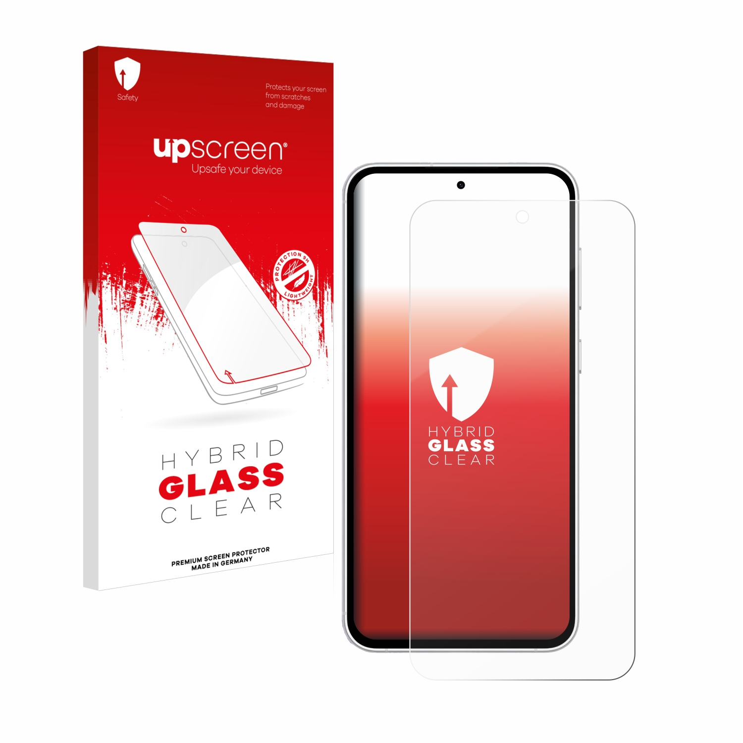 Ein Telefon mit Displayschutzfolie und eine Schachtel. Die Schachtel hat den Text 'HYBRID GLASS CLEAR'.