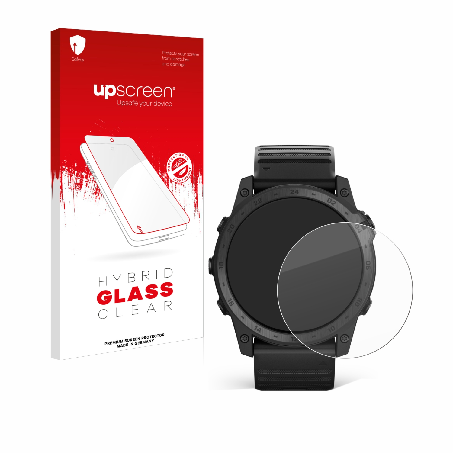 Ein Displayschutz neben einer Smartwatch. Links befindet sich eine Displayschutzfolienbox.