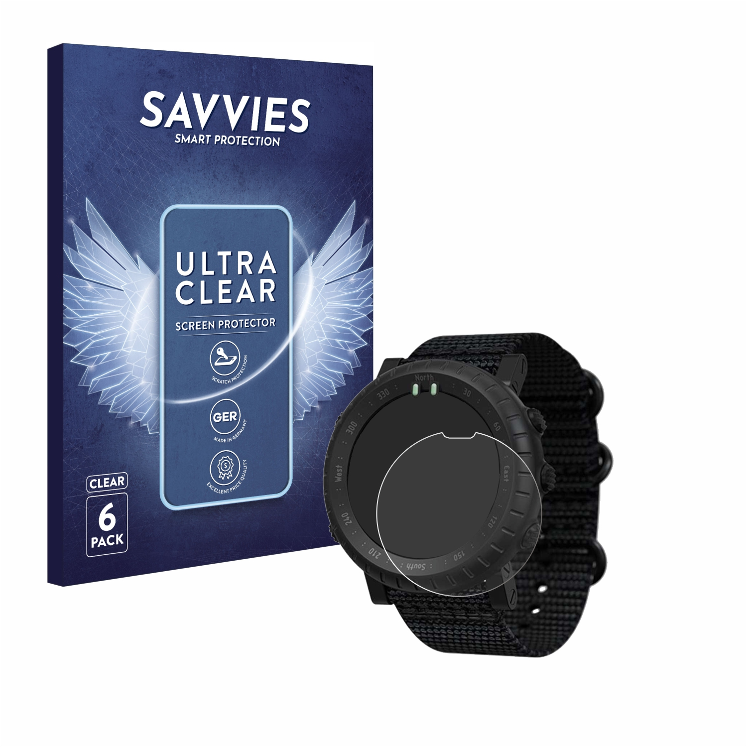 Smartwatch mit Displayschutzfolie und Box, weißer Hintergrund. Die Box zeigt eine Uhr mit Schutzfolie.