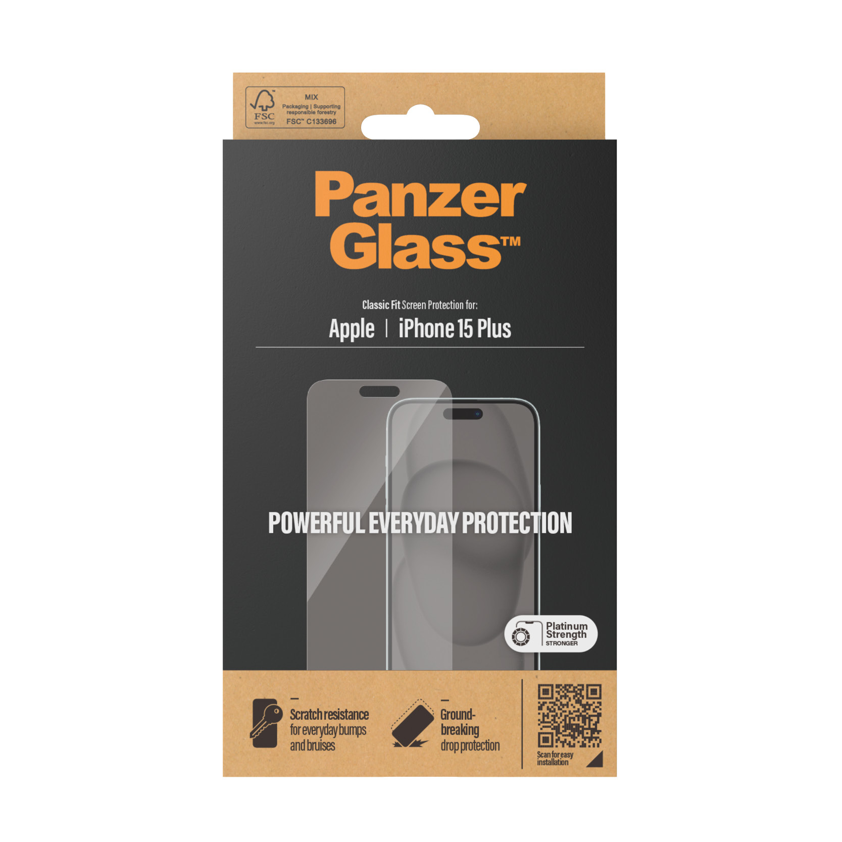 Doos van PanzerGlass, met schermbeschermer voor telefoon. Witte achtergrond.