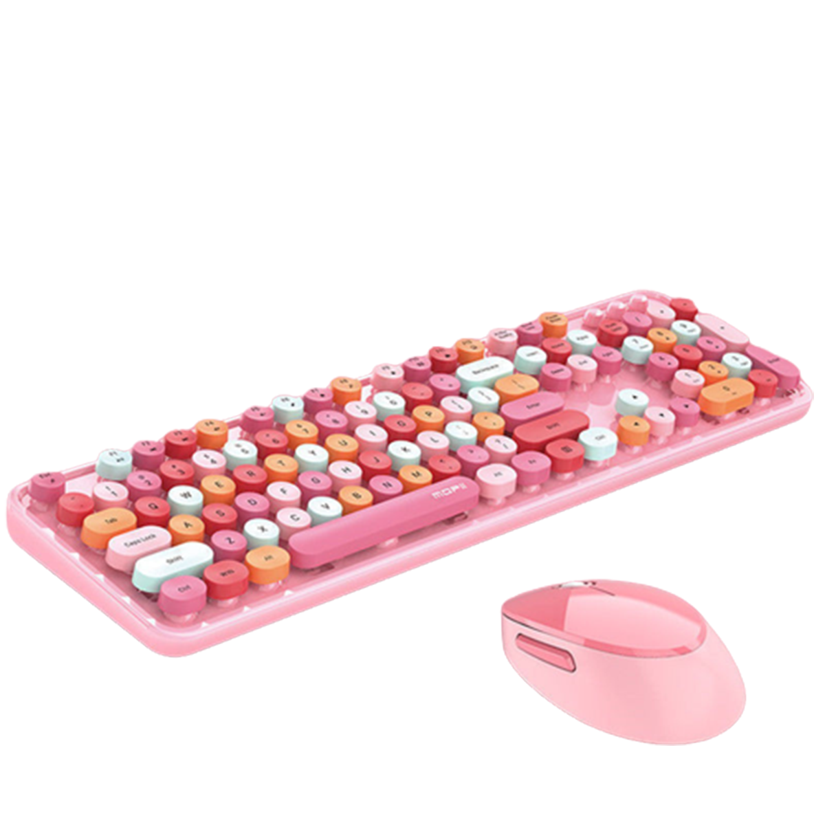 Pinke Tastatur und Maus. Die Tastatur hat runde Tasten. Weißer Hintergrund.