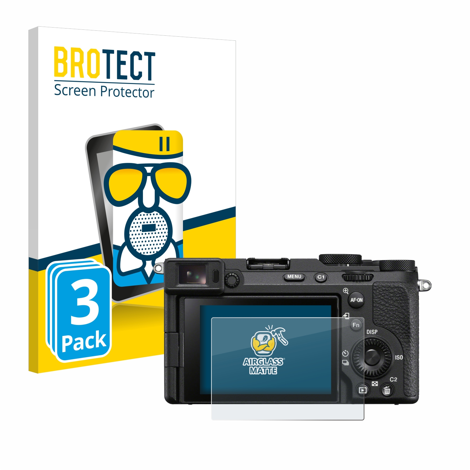 Kamera mit Displayschutzfolie und Box. Auf der Box steht 'BROTECT Screen Protector' und 'AIRGLASS MATTE'.