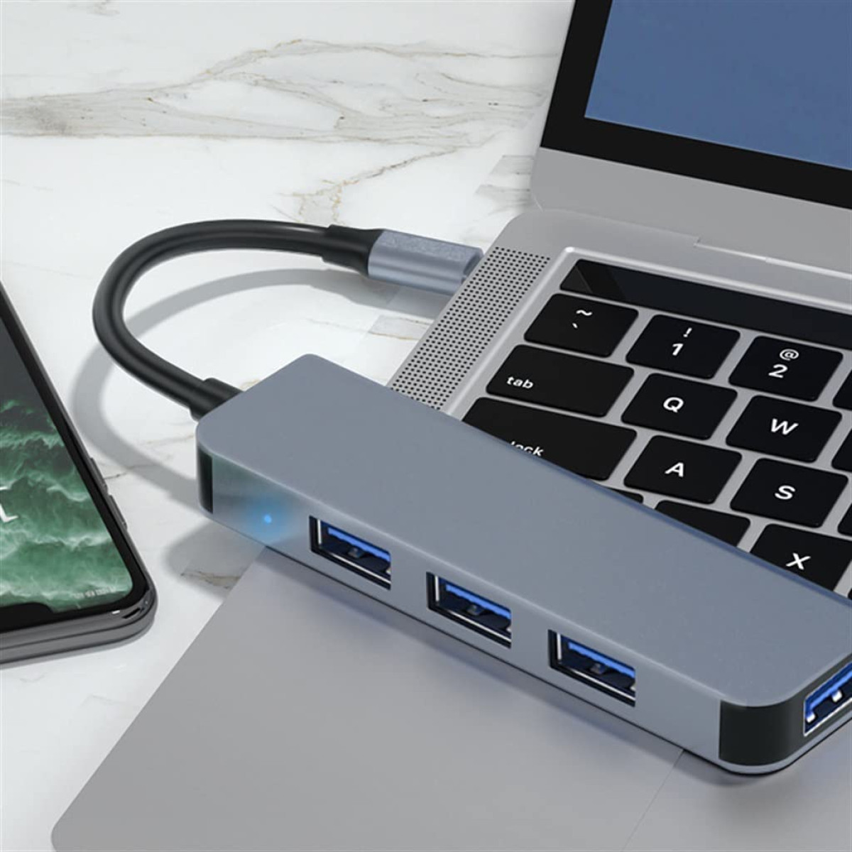 INF Typ-C-USB-A-Hub 4 mit Dualer USB3.0-Anschlüssen Hub, Silbergrau