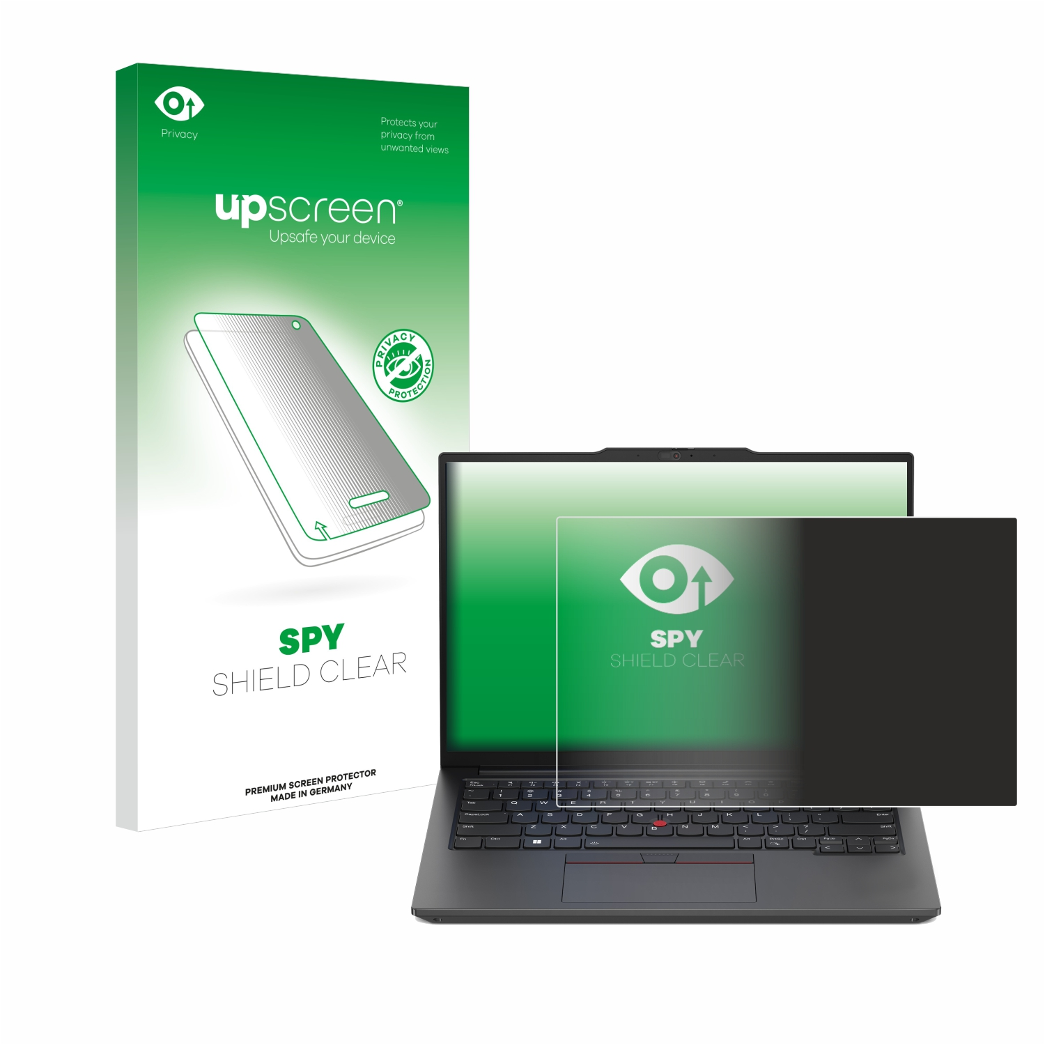 Laptop mit Blickschutzfolie und Verpackung, beschriftet mit 'Spy Shield Clear'.