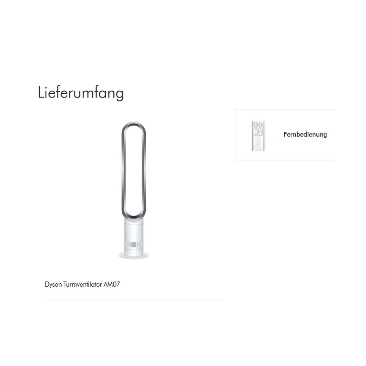 Bild eines Dyson Turmventilators, darüber steht "Lieferumfang", dazu ein Bild der Fernbedienung.