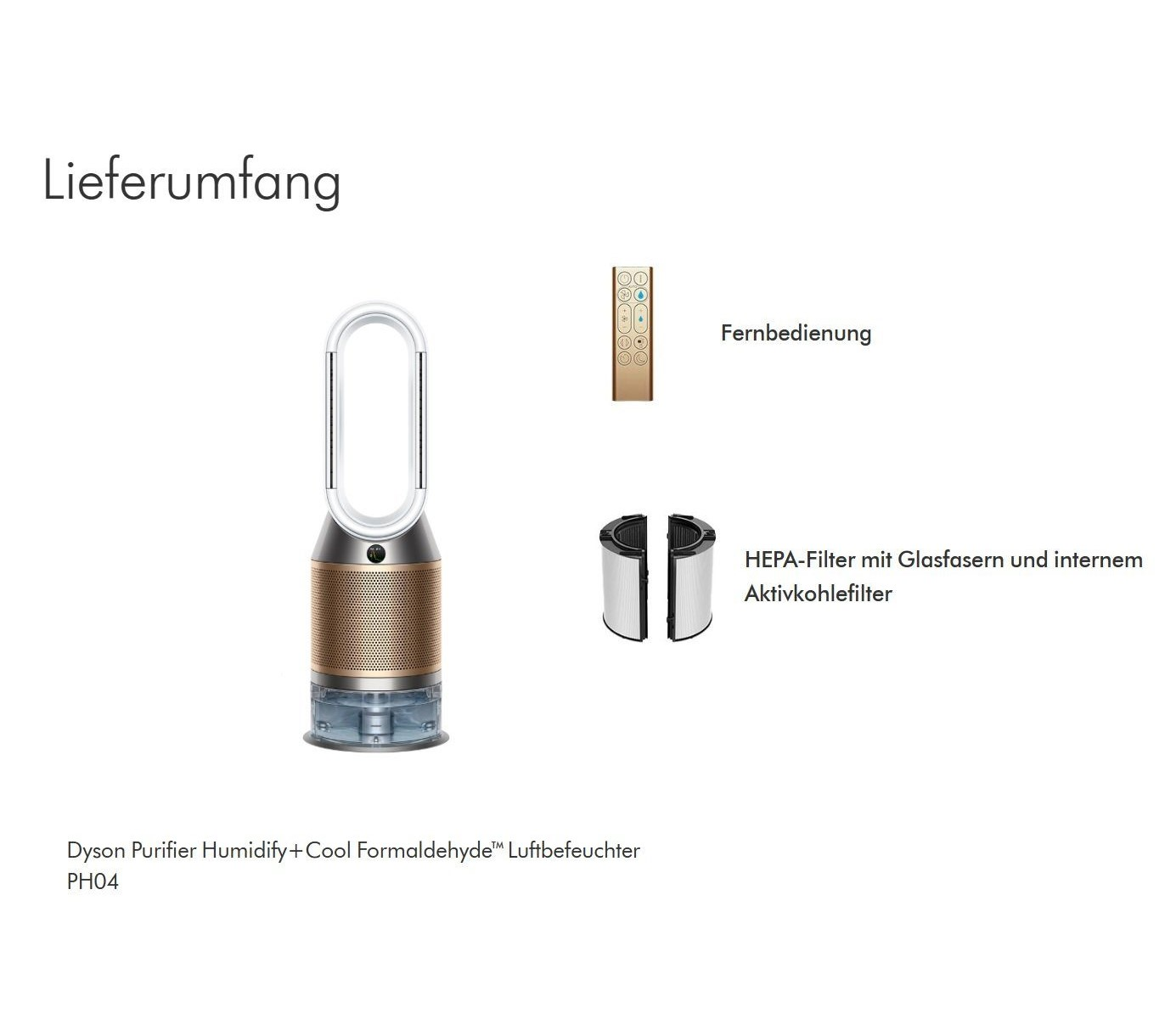 Das Bild zeigt einen Dyson Luftreiniger. Zubehör umfasst eine Fernbedienung und einen HEPA-Filter. Textlabels sind vorhanden.
