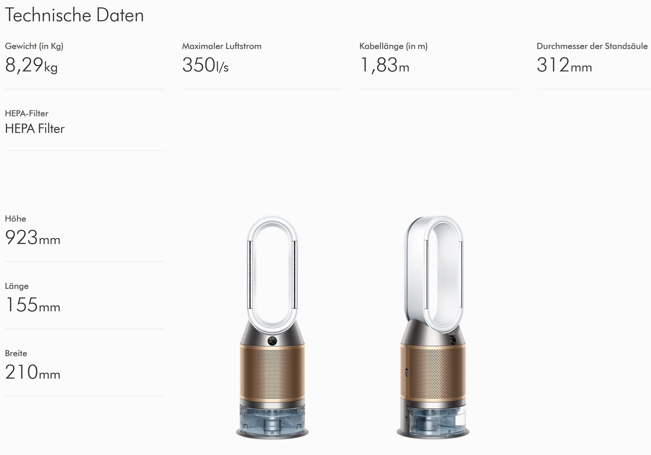 Das Bild zeigt einen weißen und goldenen Luftreiniger mit technischen Daten. Enthält Gewicht, Luftstrom, Kabellänge und Abmessungen.