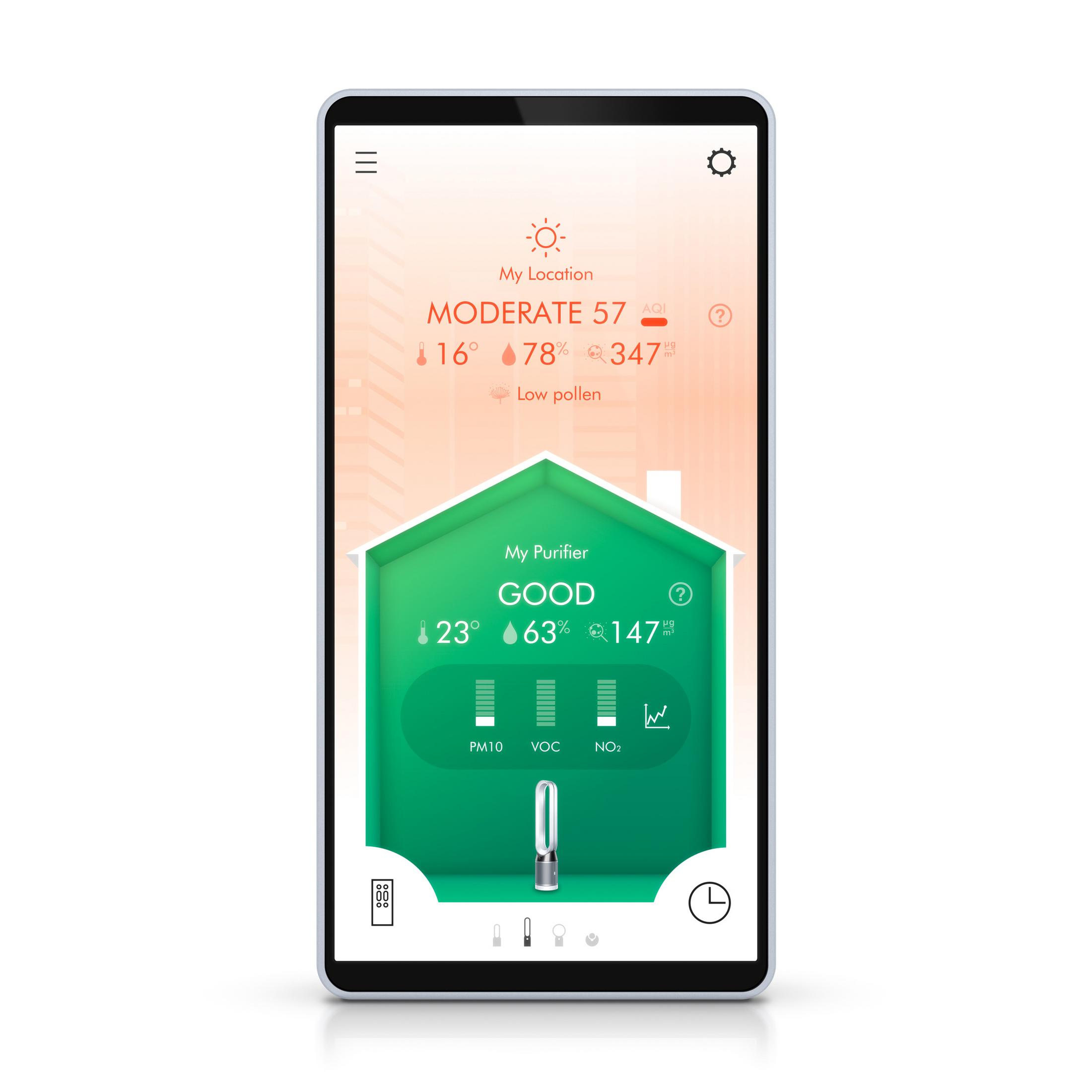 Un teléfono muestra datos de calidad del aire: moderada exterior y buena interior.