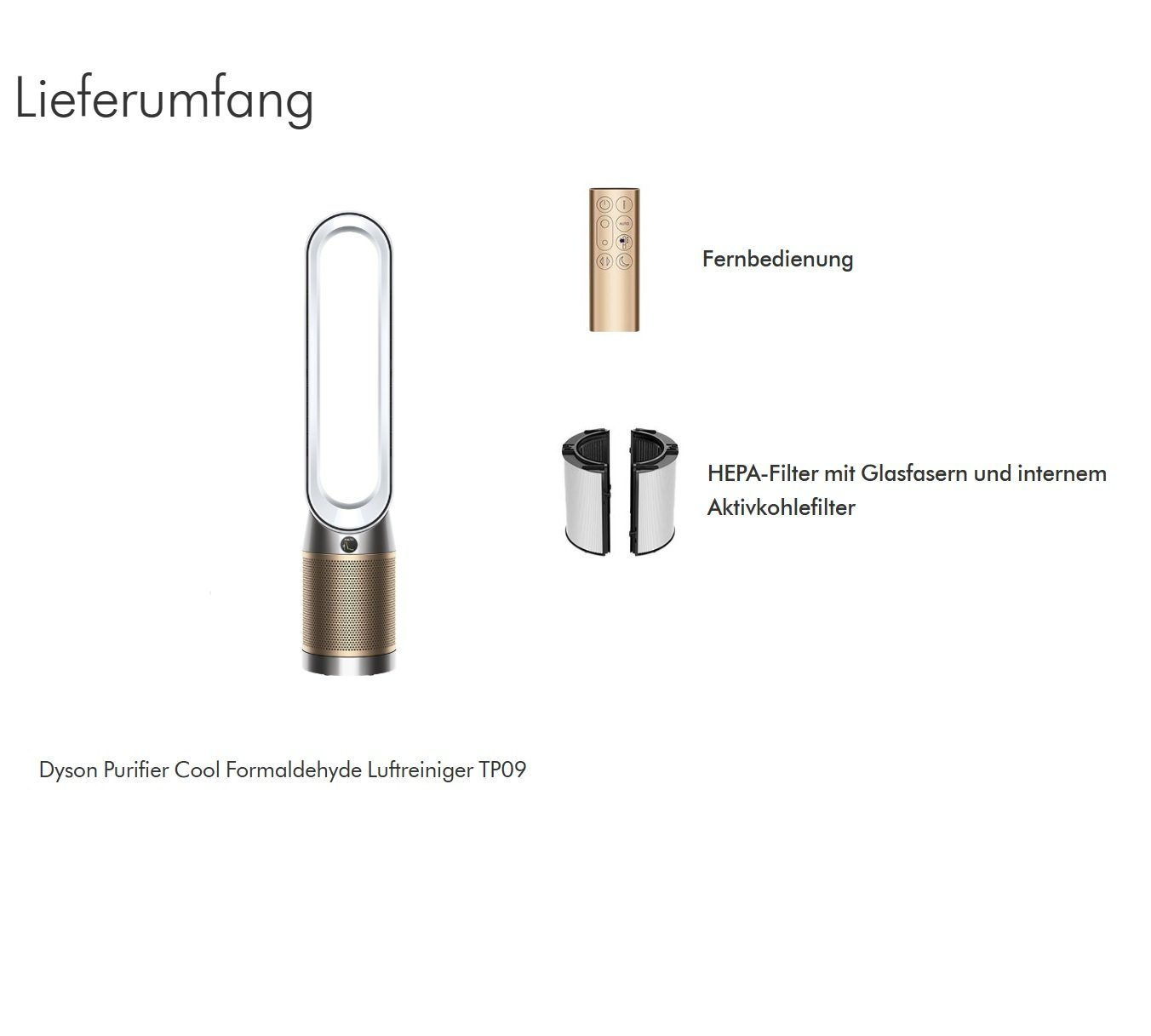 Weißer Luftreiniger mit Fernbedienung, Filter und Etikett auf Deutsch.