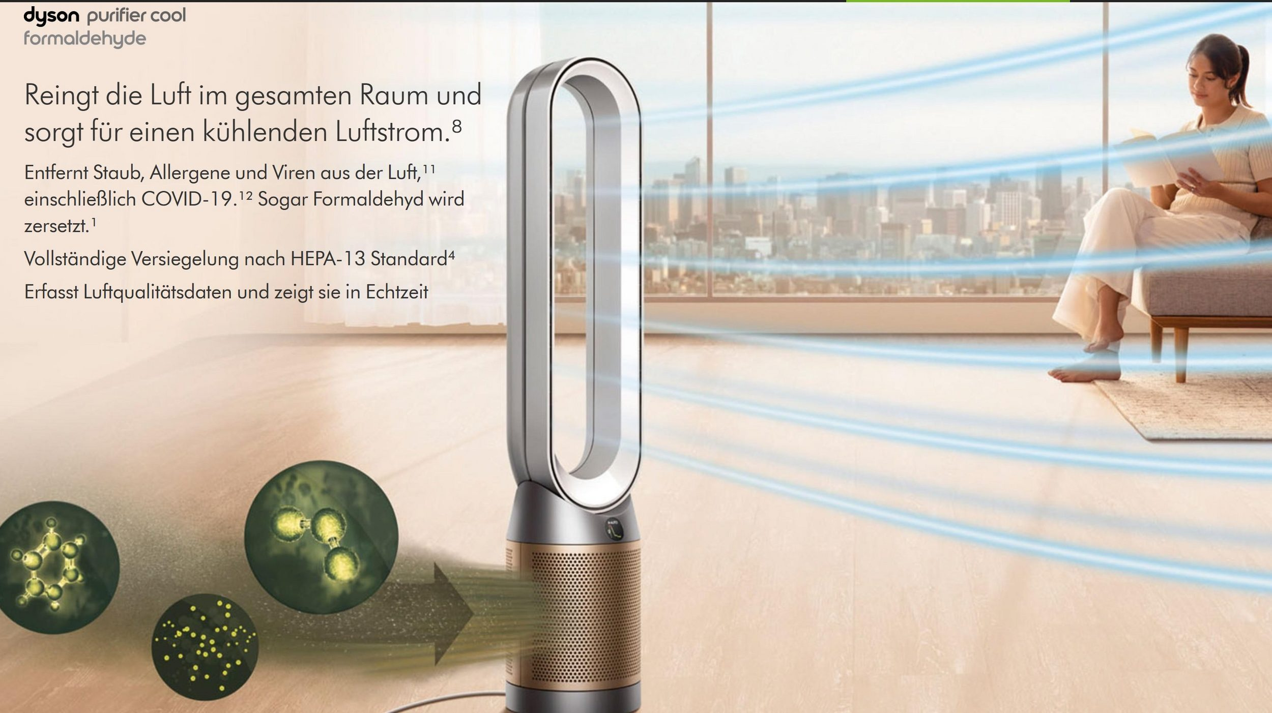 Dyson Luftreiniger mit lesender Frau, zeigt sauberen Luftstrom.