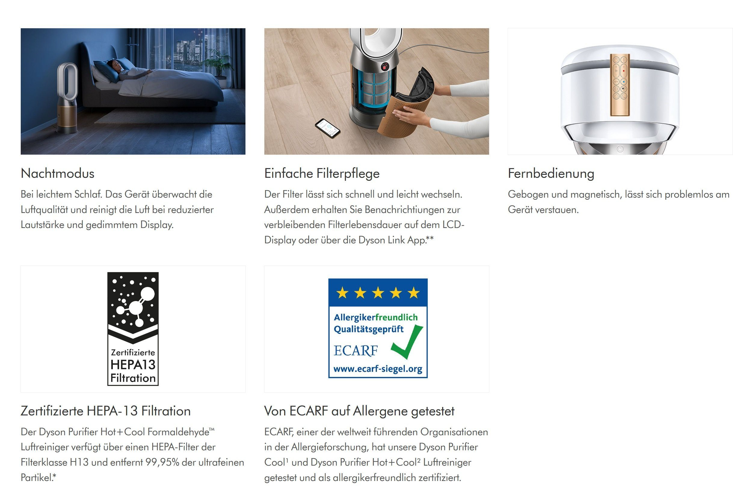 Bilder eines Dyson-Luftreinigers, die Funktionen wie Filterpflege und Fernbedienung zeigen.