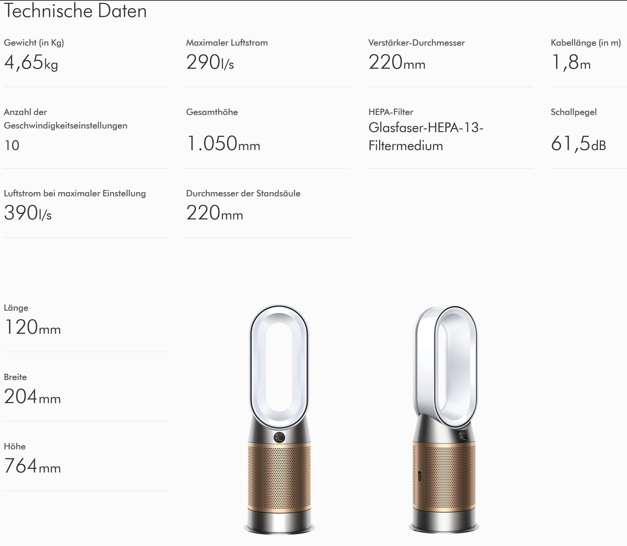 Ein Standventilator in Kupfer- und Weißtönen. Informationen zum Lüfter umfassen Abmessungen und technische Daten.