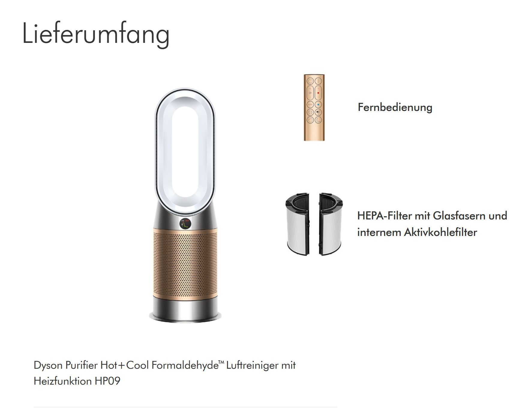 Dyson Luftreiniger mit Fernbedienung und HEPA-Filter. Verfügt über ein Gold- und Silberdesign.