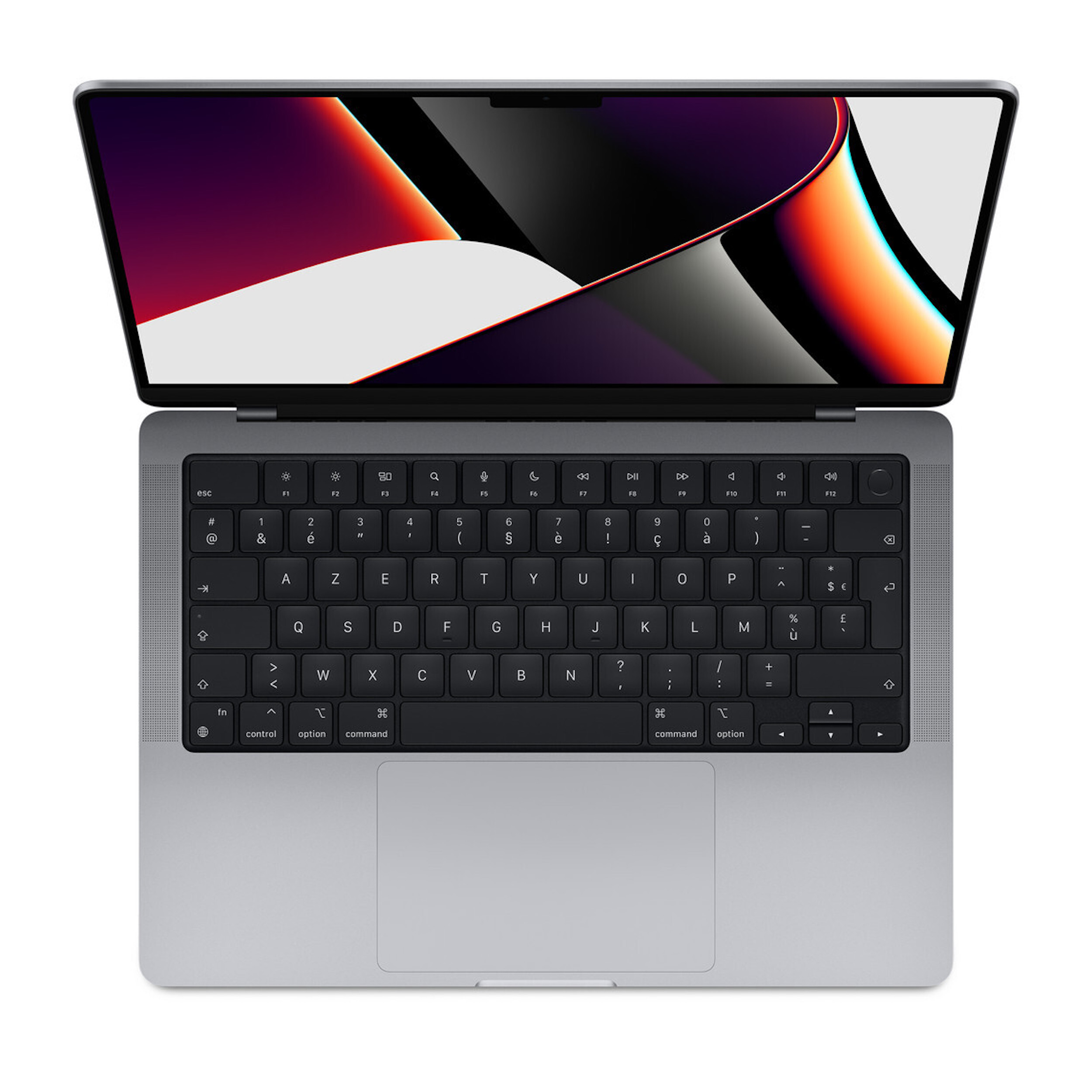 Una computadora portátil desde arriba, abierta, con un teclado y pantalla negros.