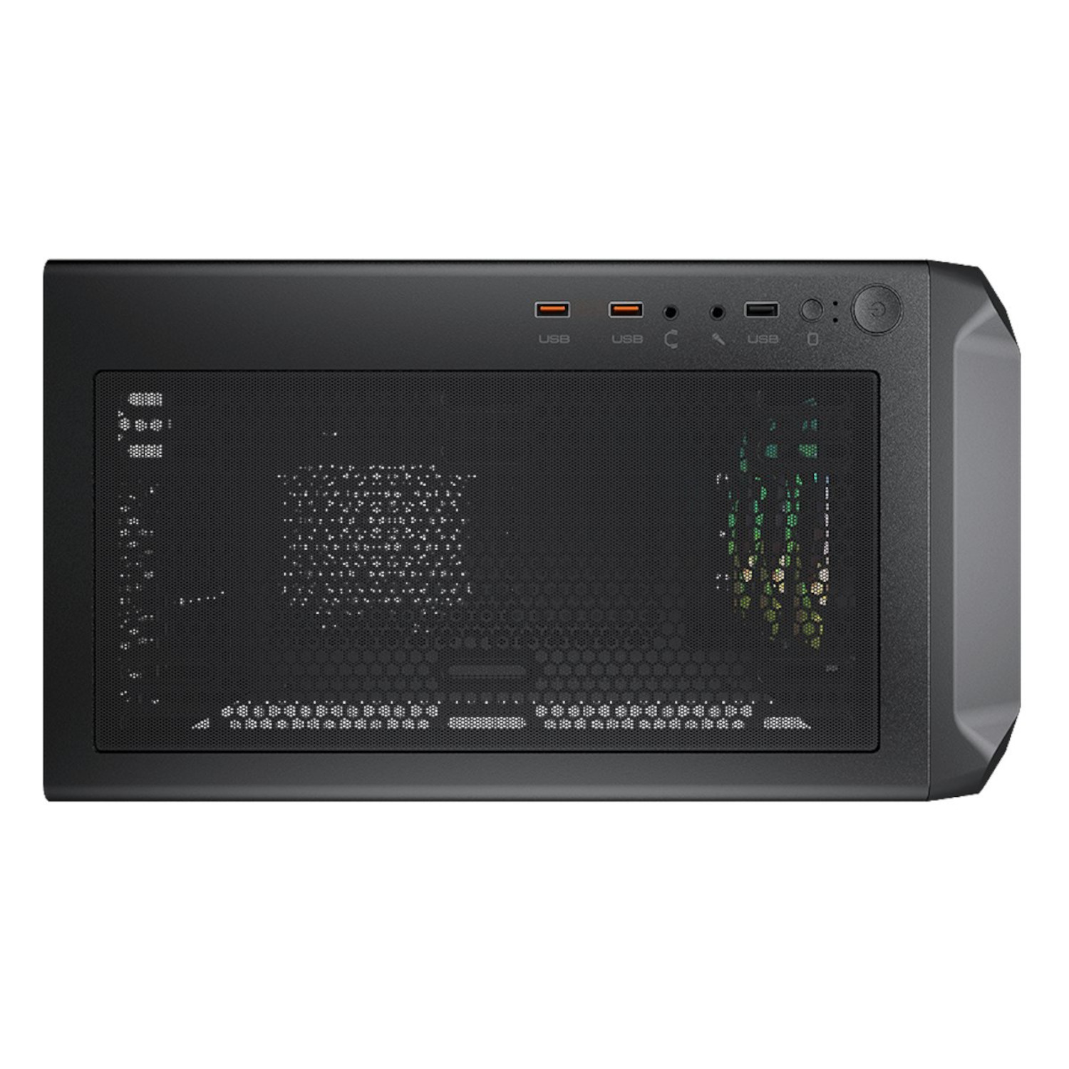 Caja de computadora negra con frente de malla. Tiene puertos USB y un botón de encendido en la parte superior.