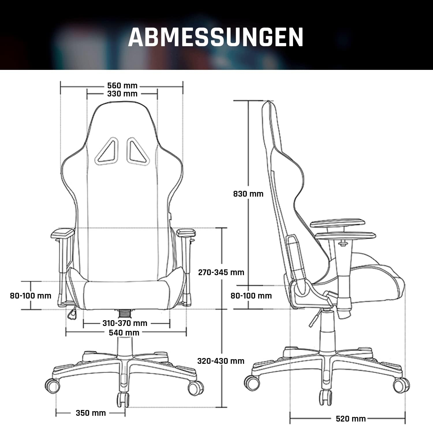Diagramm eines Gaming-Stuhls mit Abmessungen in Millimetern. Zeigt Vorder- und Seitenansicht.