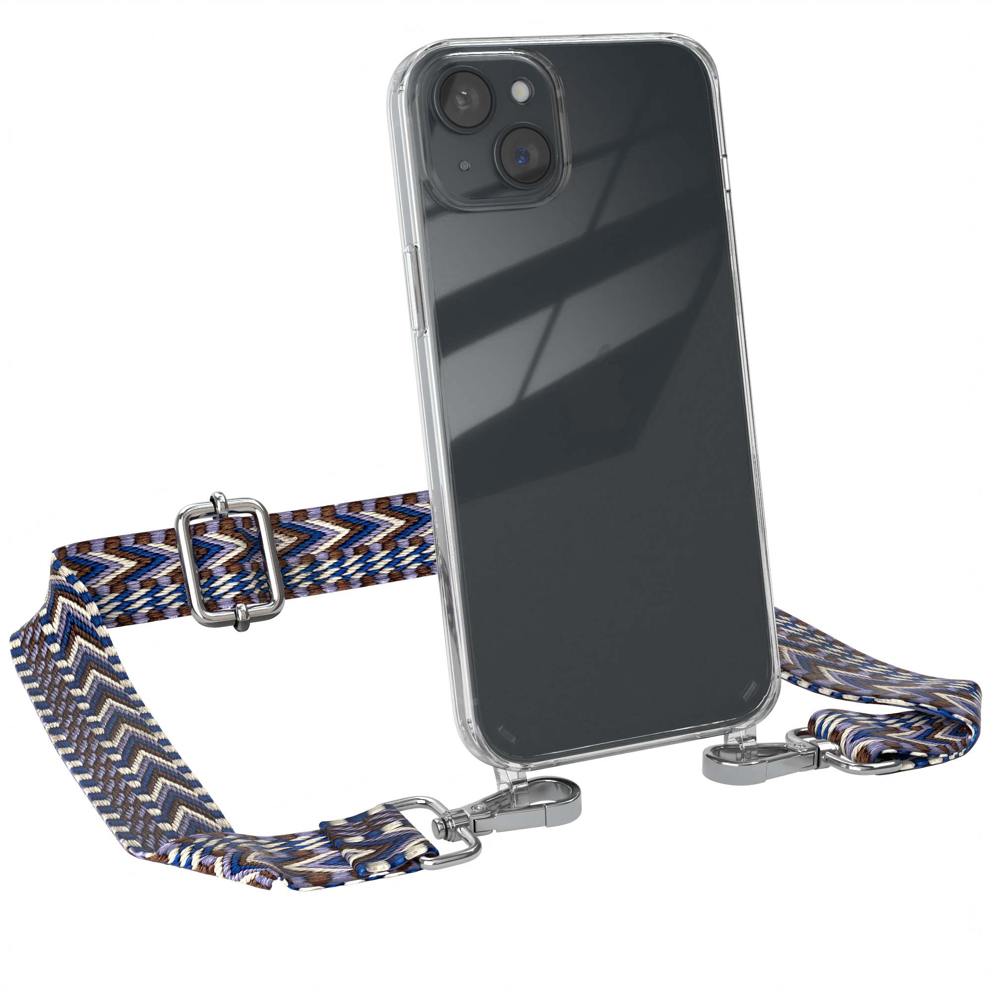 Transparente Handyhülle mit Handy und Trageriemen. Trageriemen ist blau, weiß und braun.