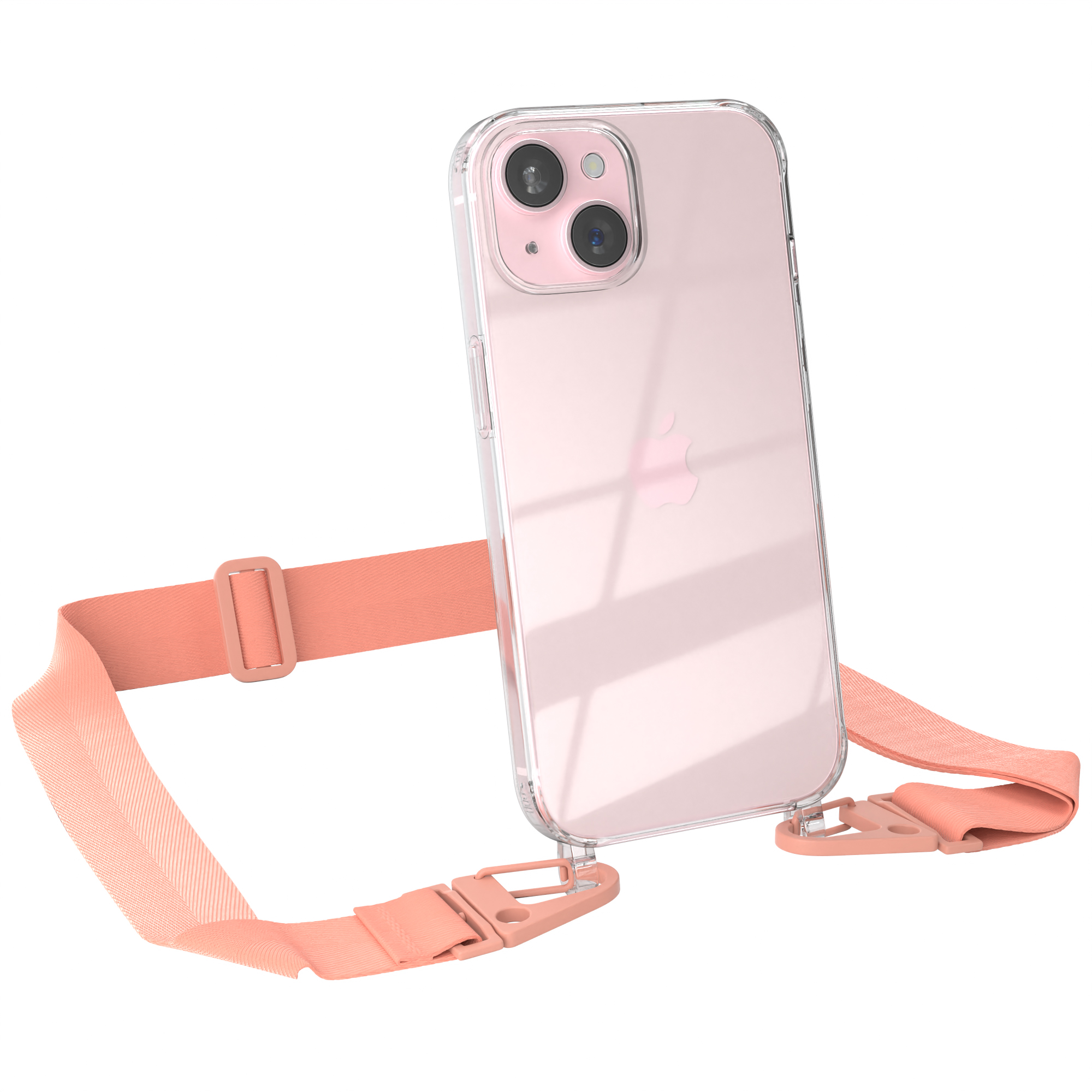 Ein Telefon in einer Hülle mit Riemen auf weißem Untergrund.