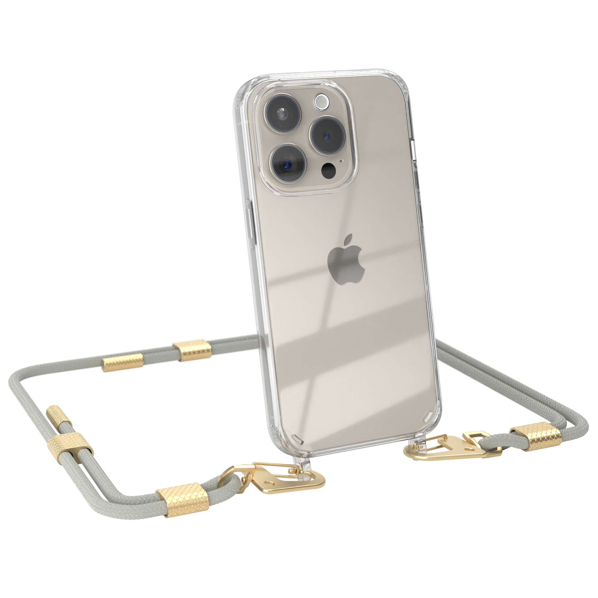 EAZY CASE Transparente Handyhülle / Apple, mit iPhone Pro, Karabiner, Kordel + runder Umhängetasche, Taupe 15 Beige Gold Matt