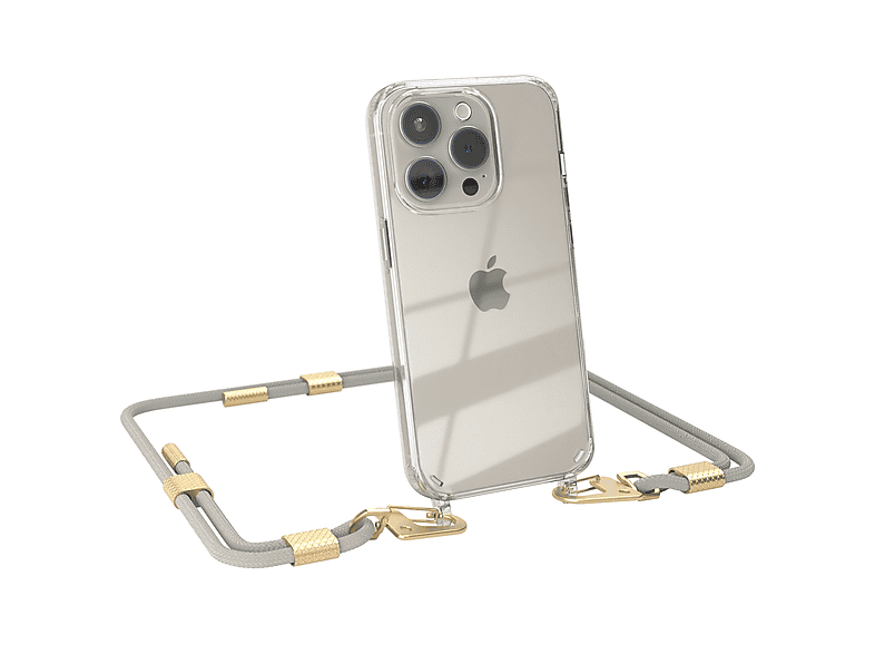 EAZY CASE Transparente Handyhülle mit runder Kordel + Karabiner, Umhängetasche, Apple, iPhone 15 Pro, Taupe Beige / Matt Gold