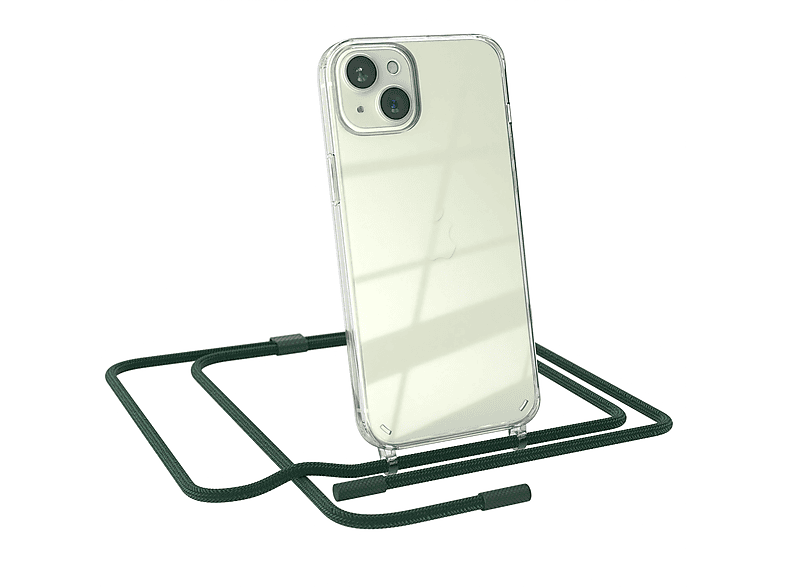 EAZY CASE Transparente Handyhülle mit runder Kette unifarbend, Umhängetasche, Apple, iPhone 15 Plus, Dunkelgrün / Nachtgrün